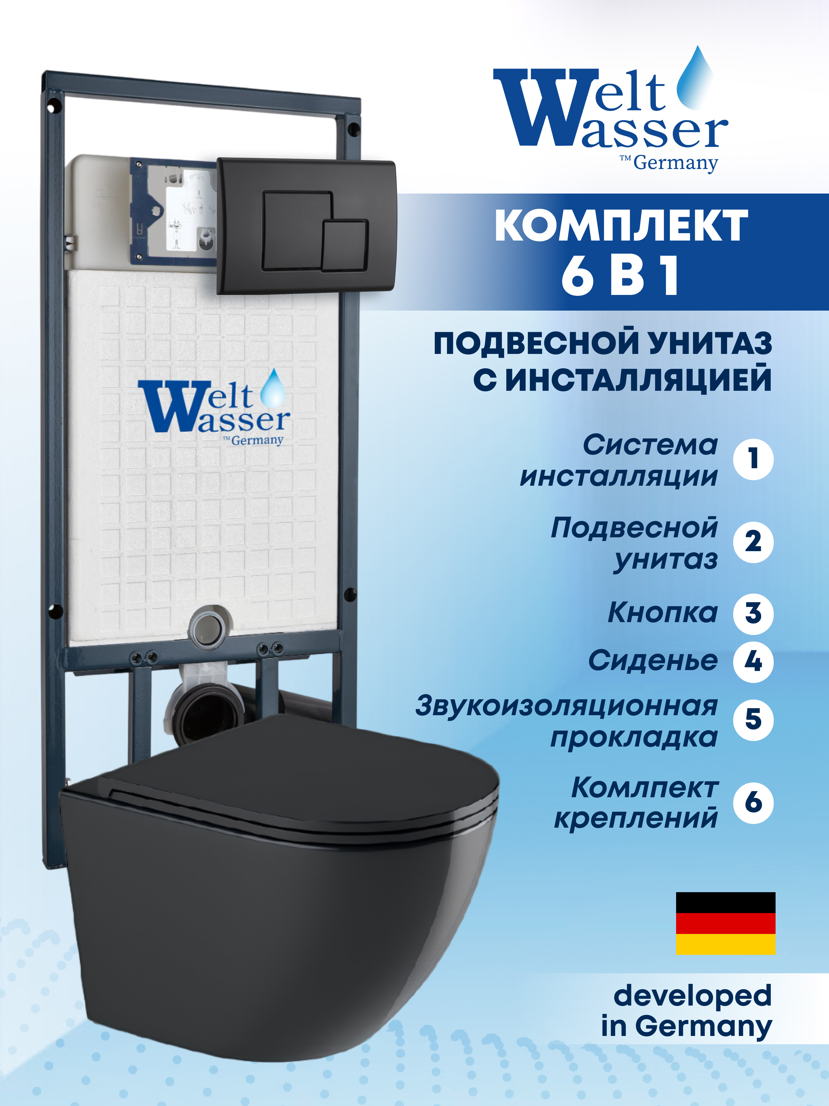 Изображение товара Комплект Weltwasser MM50786 6 в 1: Подвесной унитаз черный глянцевый, инсталляция, кнопка черная матовая квадратная