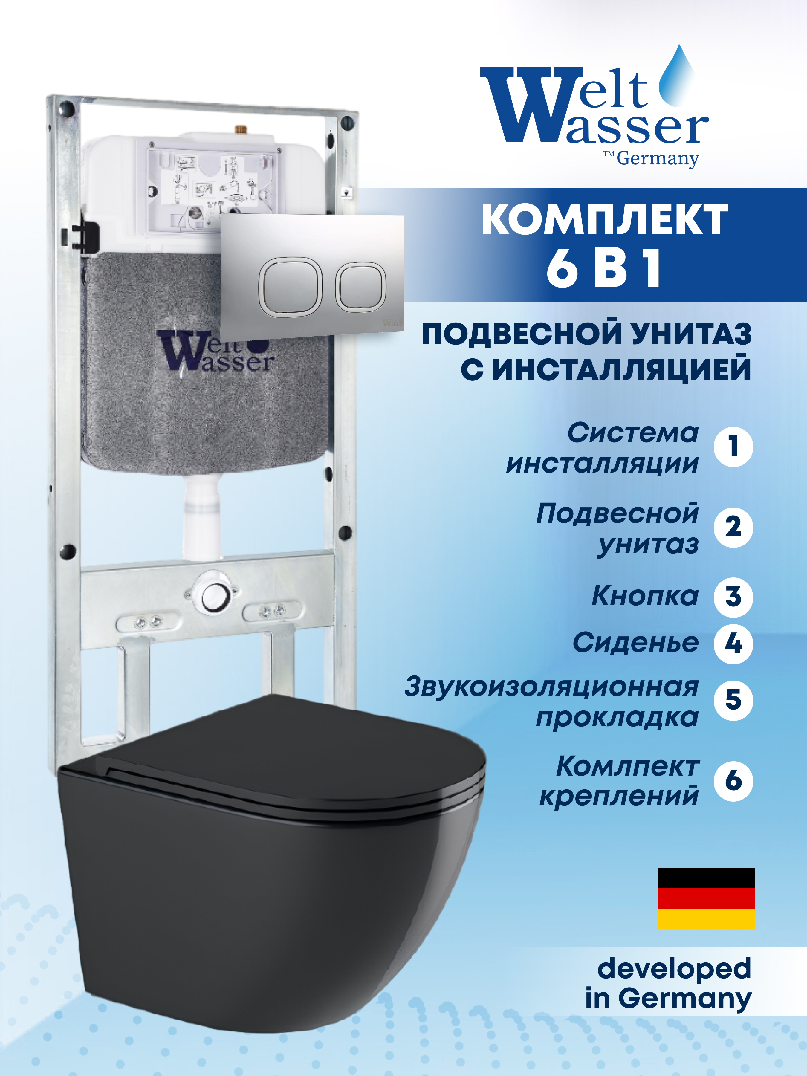 Изображение товара Комплект Weltwasser AM497ST62 6 в 1 подвесной унитаз черный матовый