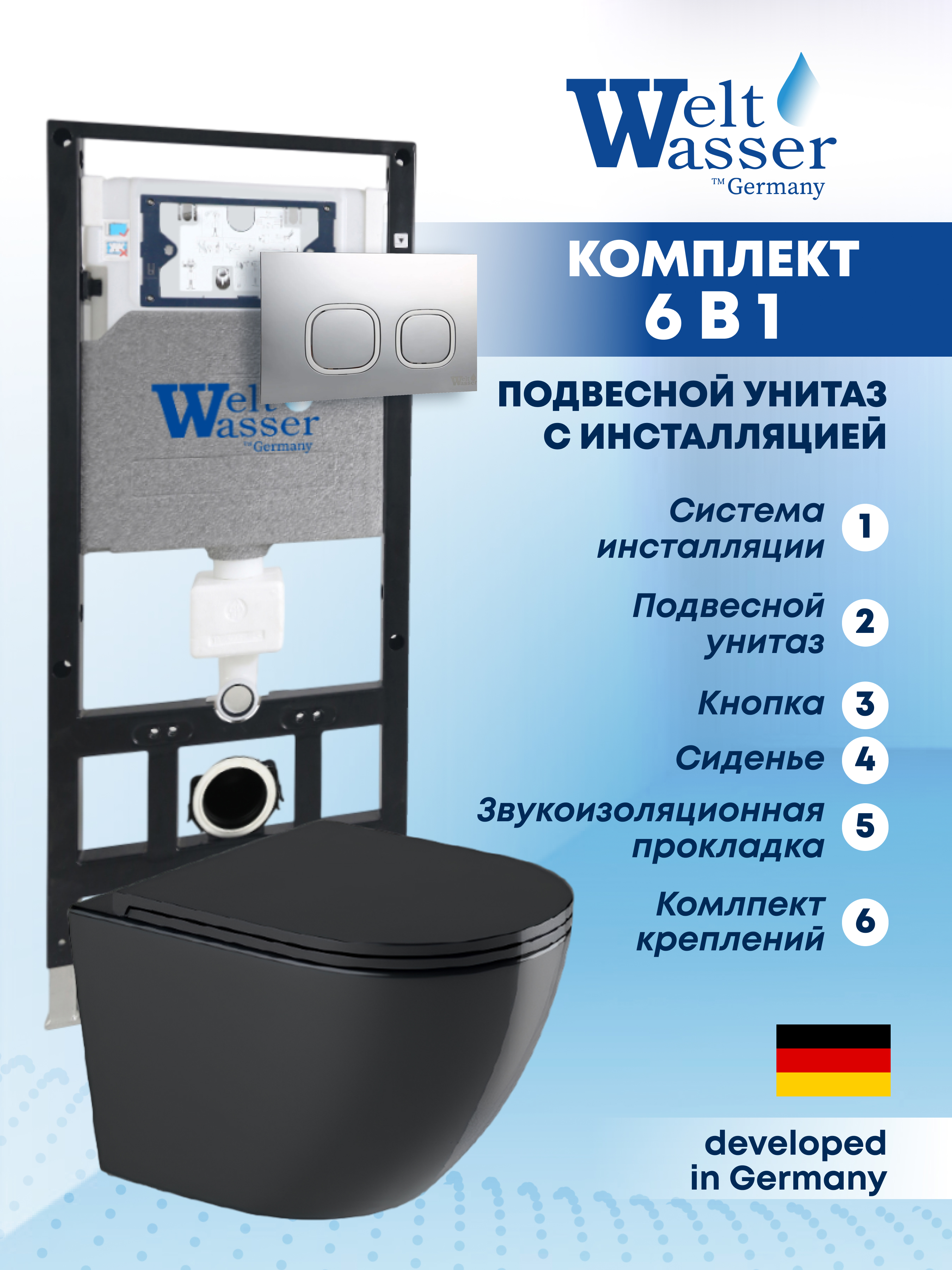 Изображение товара Комплект Weltwasser AM50662 6 в 1: Подвесной унитаз черный матовый, инсталляция, кнопка хром закругленный квадрат
