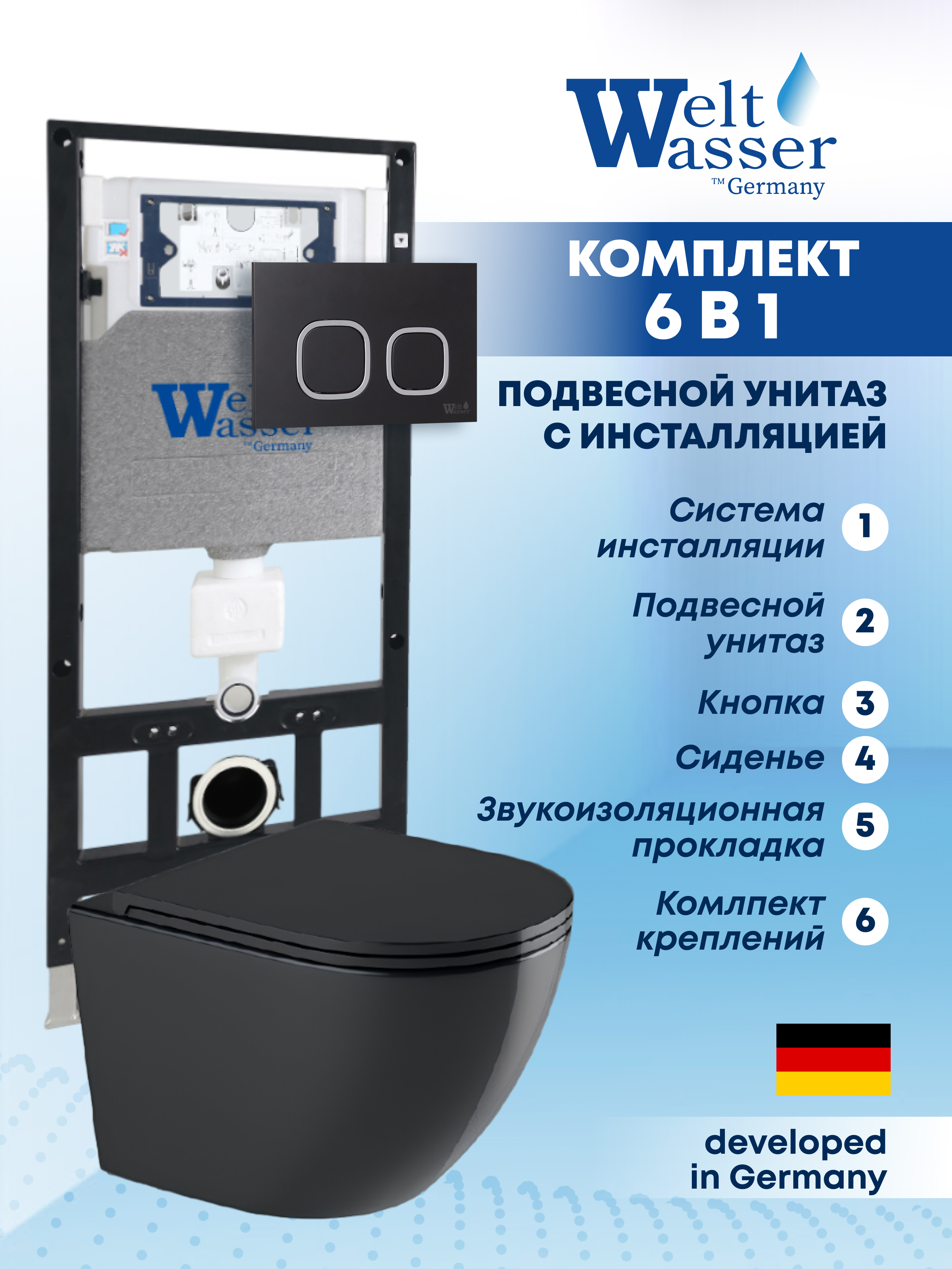 Изображение товара Комплект Weltwasser AM50661 6 в 1 подвесной унитаз черный матовый инсталляция