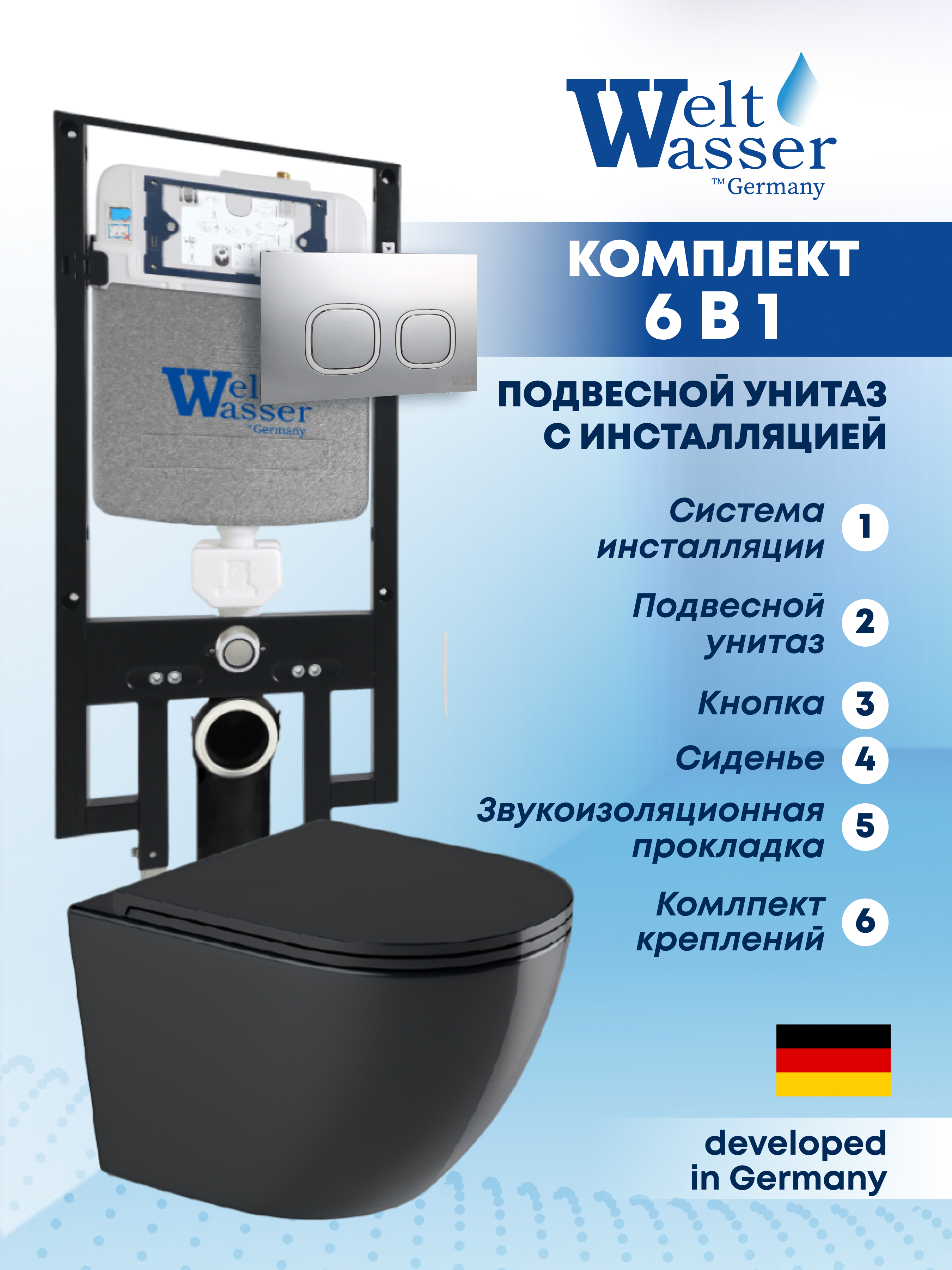 Изображение товара Комплект Weltwasser AM49774 6 в 1 подвесной унитаз инсталляция с кнопкой черный глянец