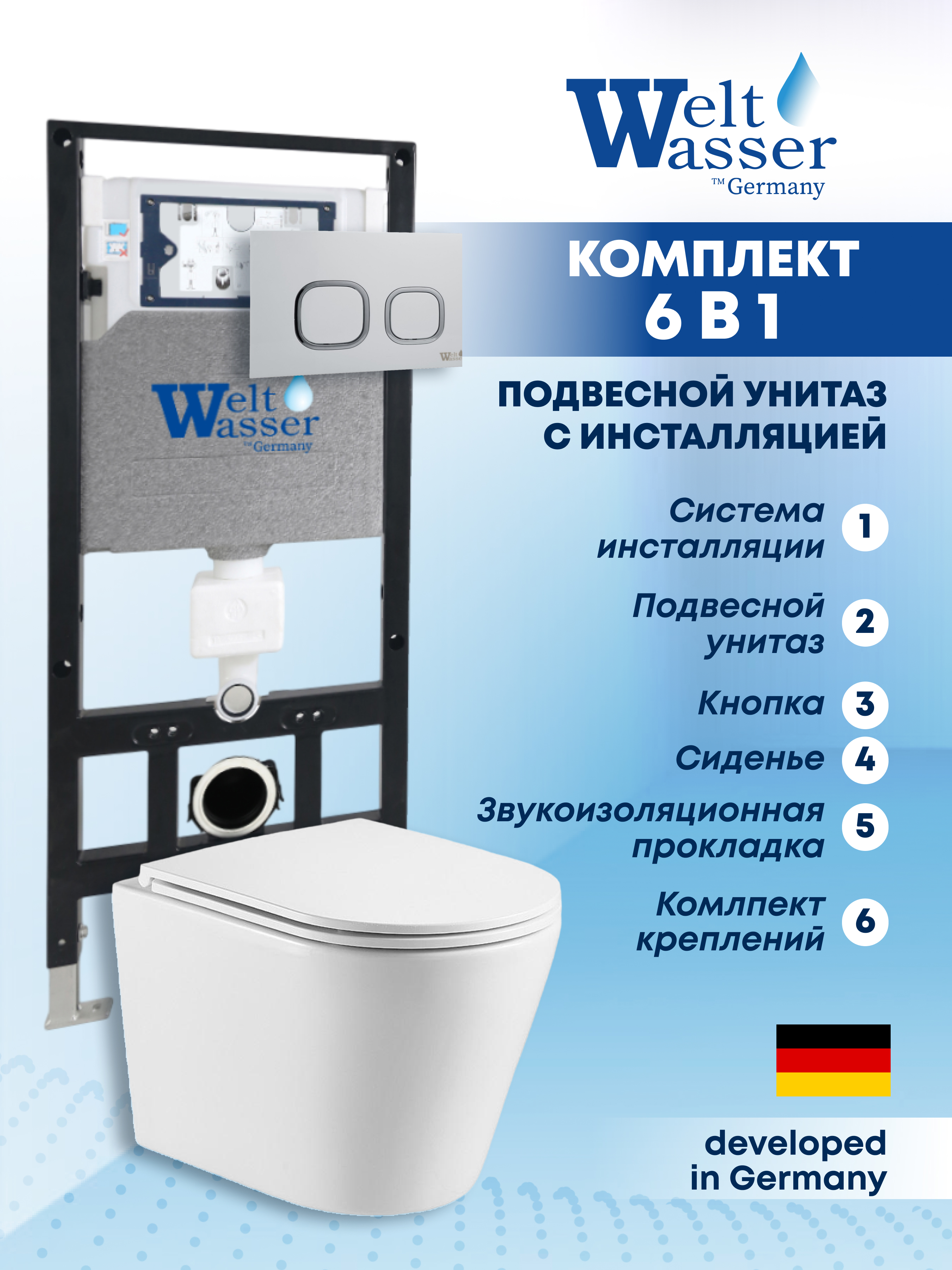 Изображение товара Комплект Weltwasser AS50627 6 в 1: Подвесной унитаз белый глянцевый, инсталляция, кнопка хром матовая закругленный квадрат