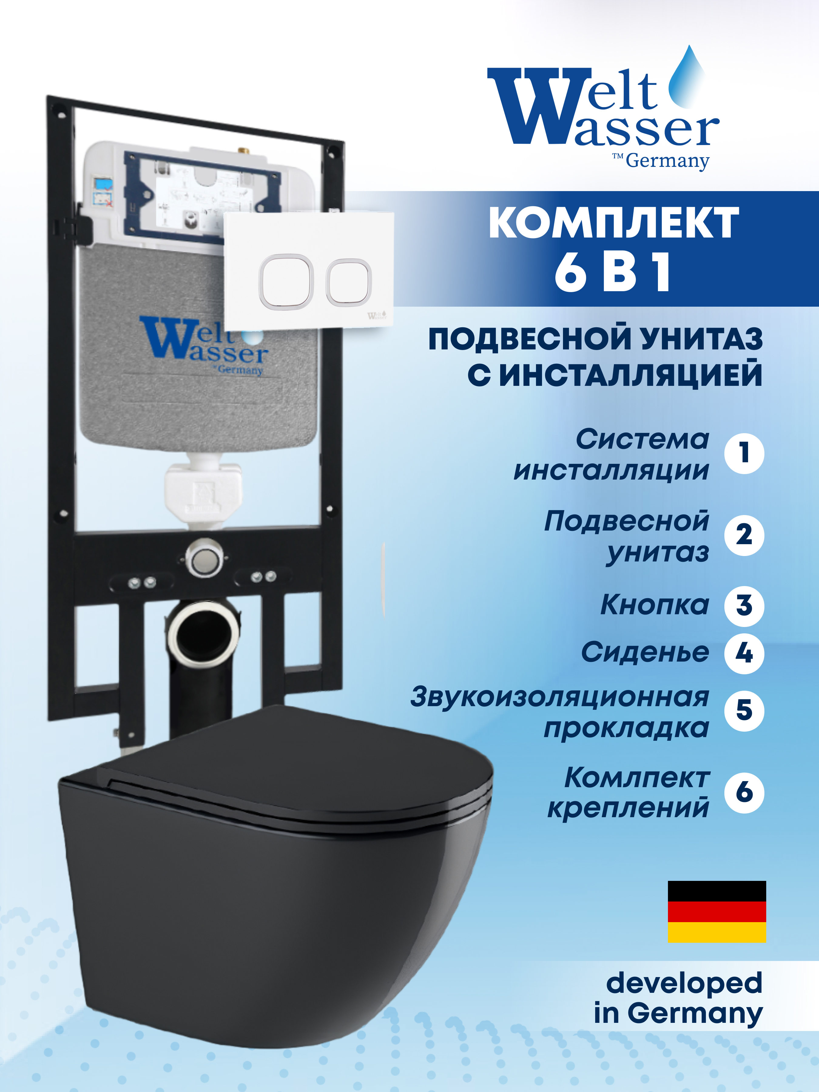 Изображение товара Комплект Weltwasser AM49764 6 в 1: Подвесной унитаз черный матовый, инсталляция, кнопка белая глянцевая закругленный квадрат