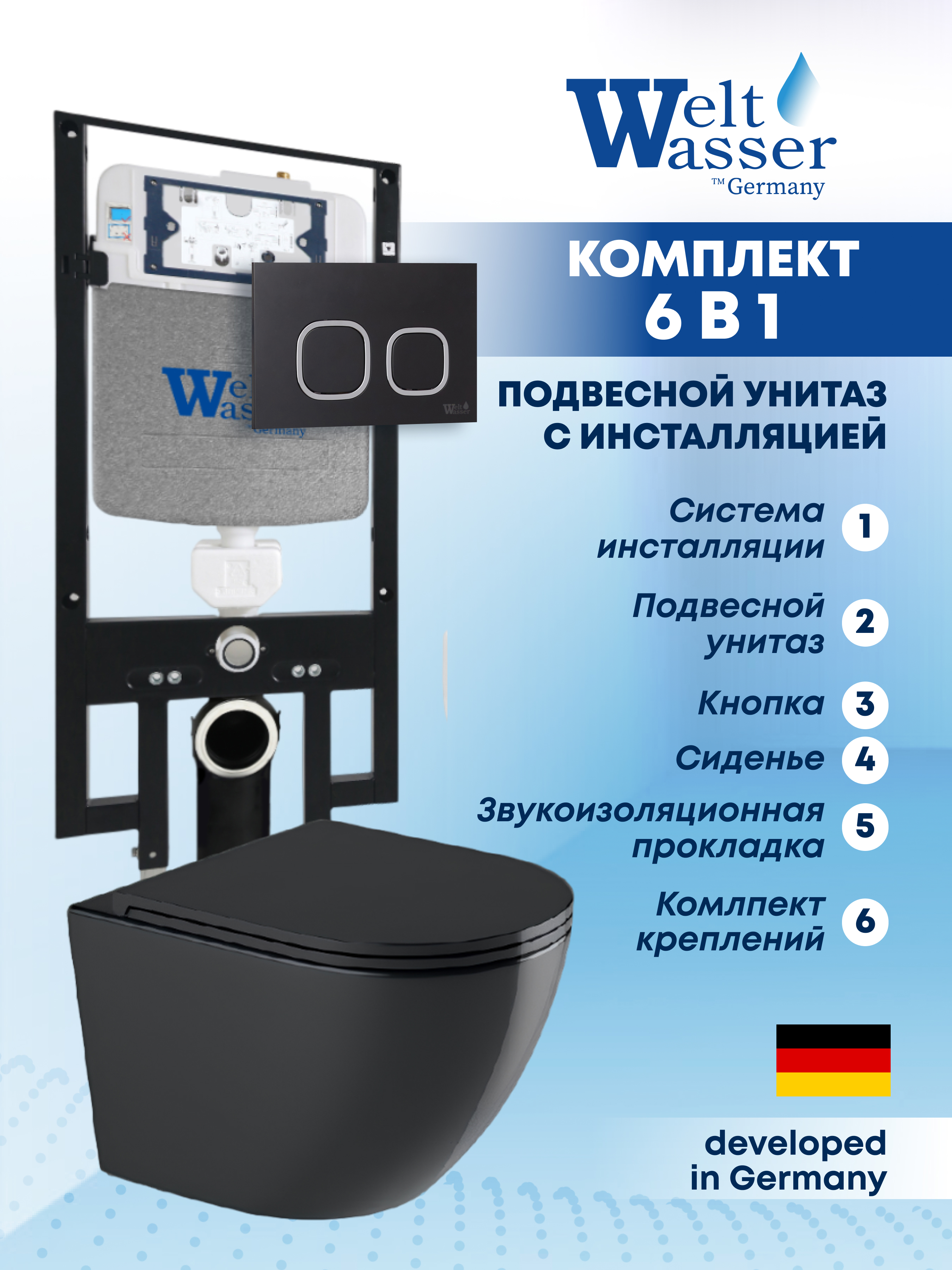 Изображение товара Комплект Weltwasser AM49761 6 в 1 Подвесной унитаз черный матовый инсталляция