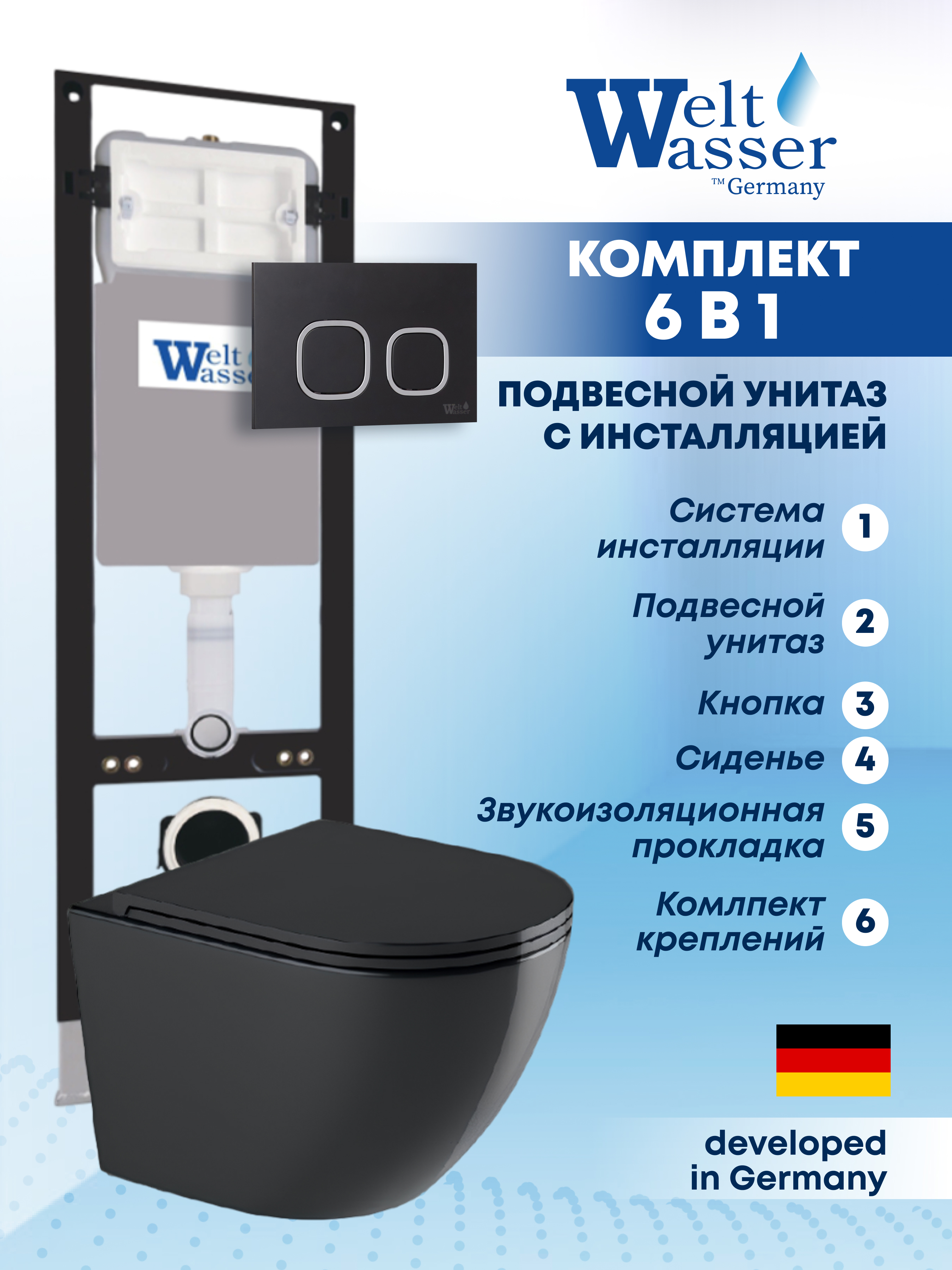Изображение товара Комплект Weltwasser AM35021 6 в 1 подвесной унитаз черный матовый инсталляция