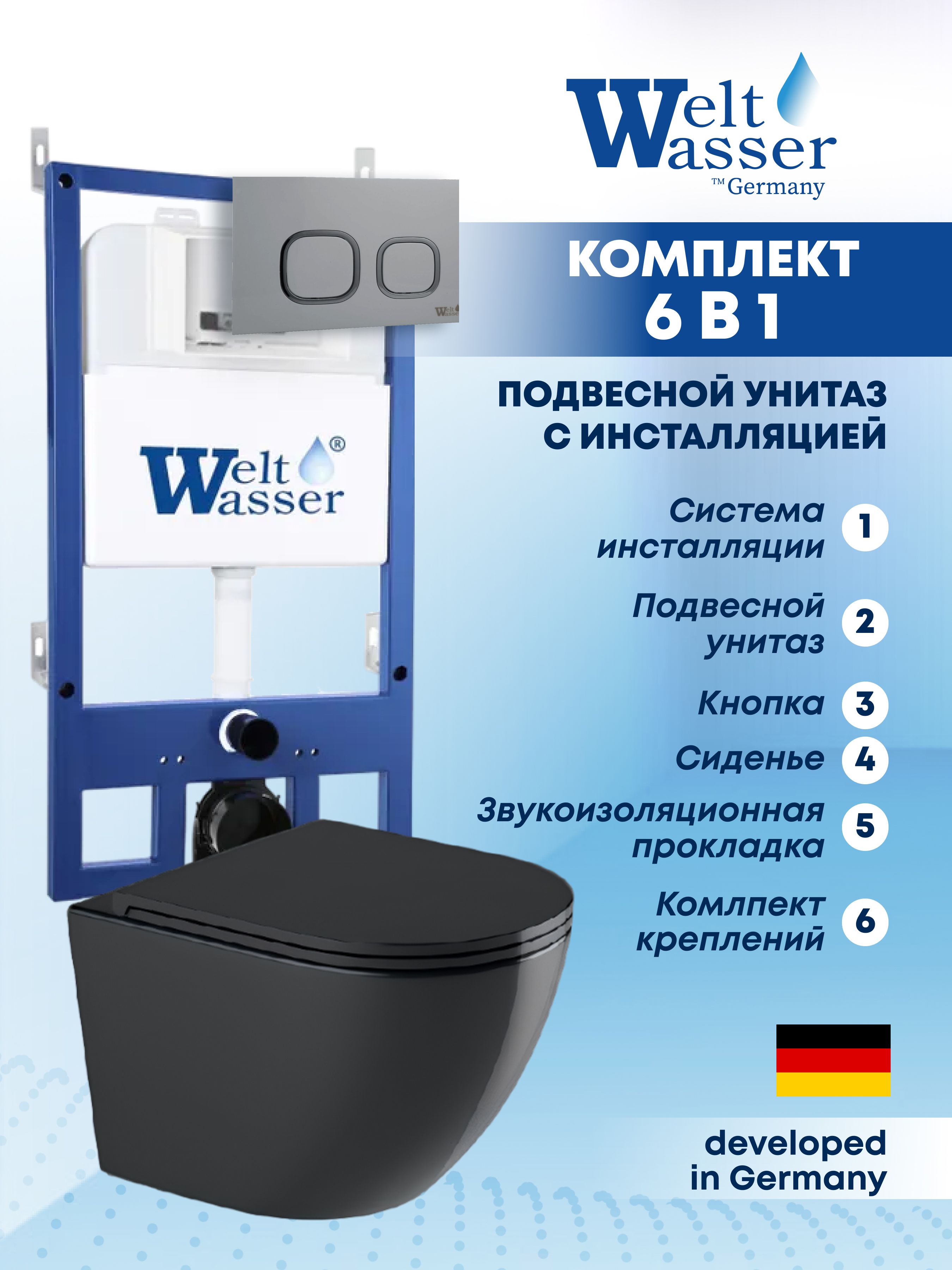 Изображение товара Комплект Weltwasser BM5458 6 в 1: Подвесной унитаз черный глянцевый, инсталляция, кнопка хром глянцевая закругленный квадрат