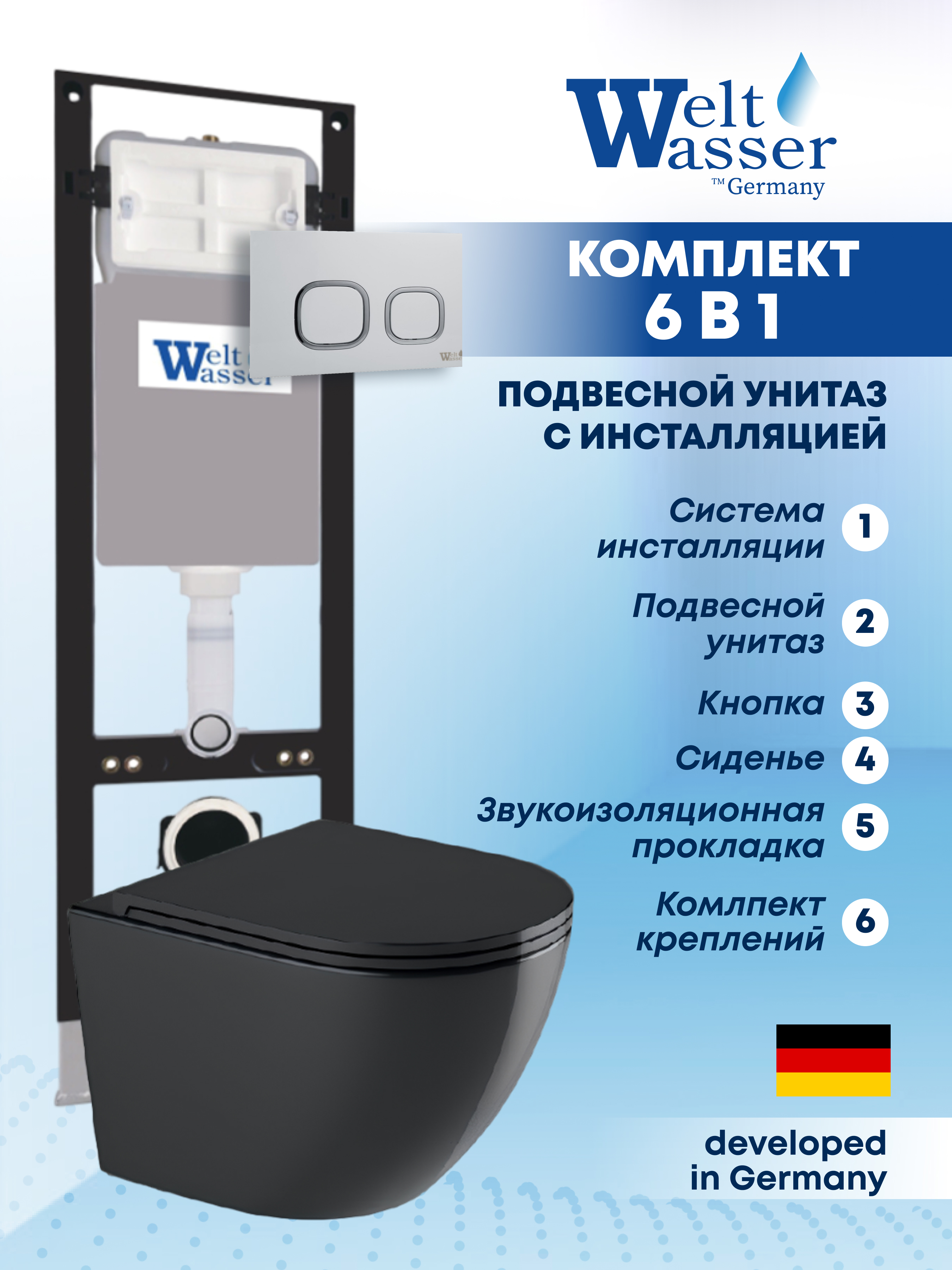 Изображение товара Подвесной унитаз Weltwasser AM35015 6 в 1 Rimless черный с антивсплеском и тихим сливом