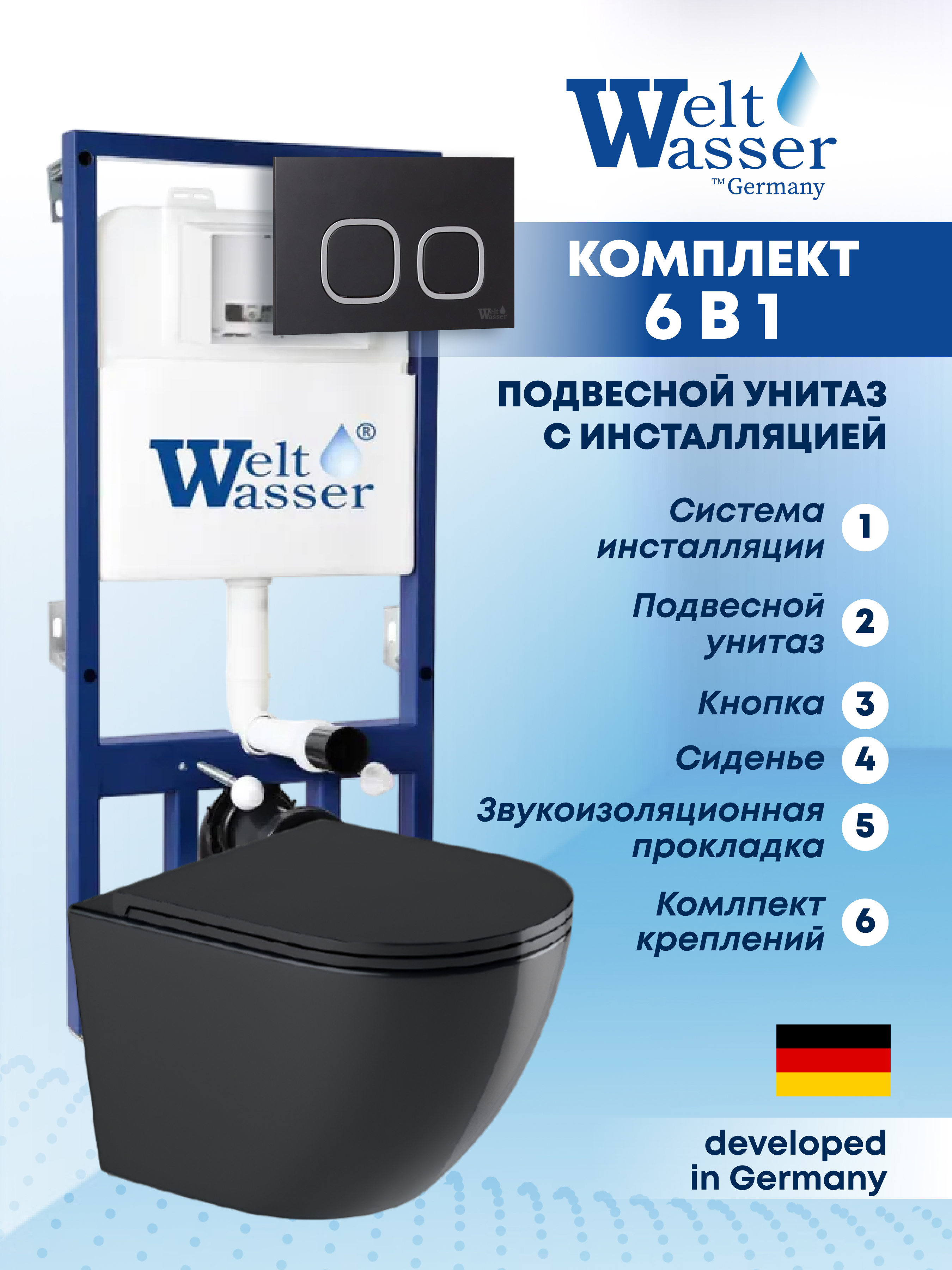 Изображение товара Комплект Weltwasser BM52513 6 в 1 для подвесного унитаза черный матовый
