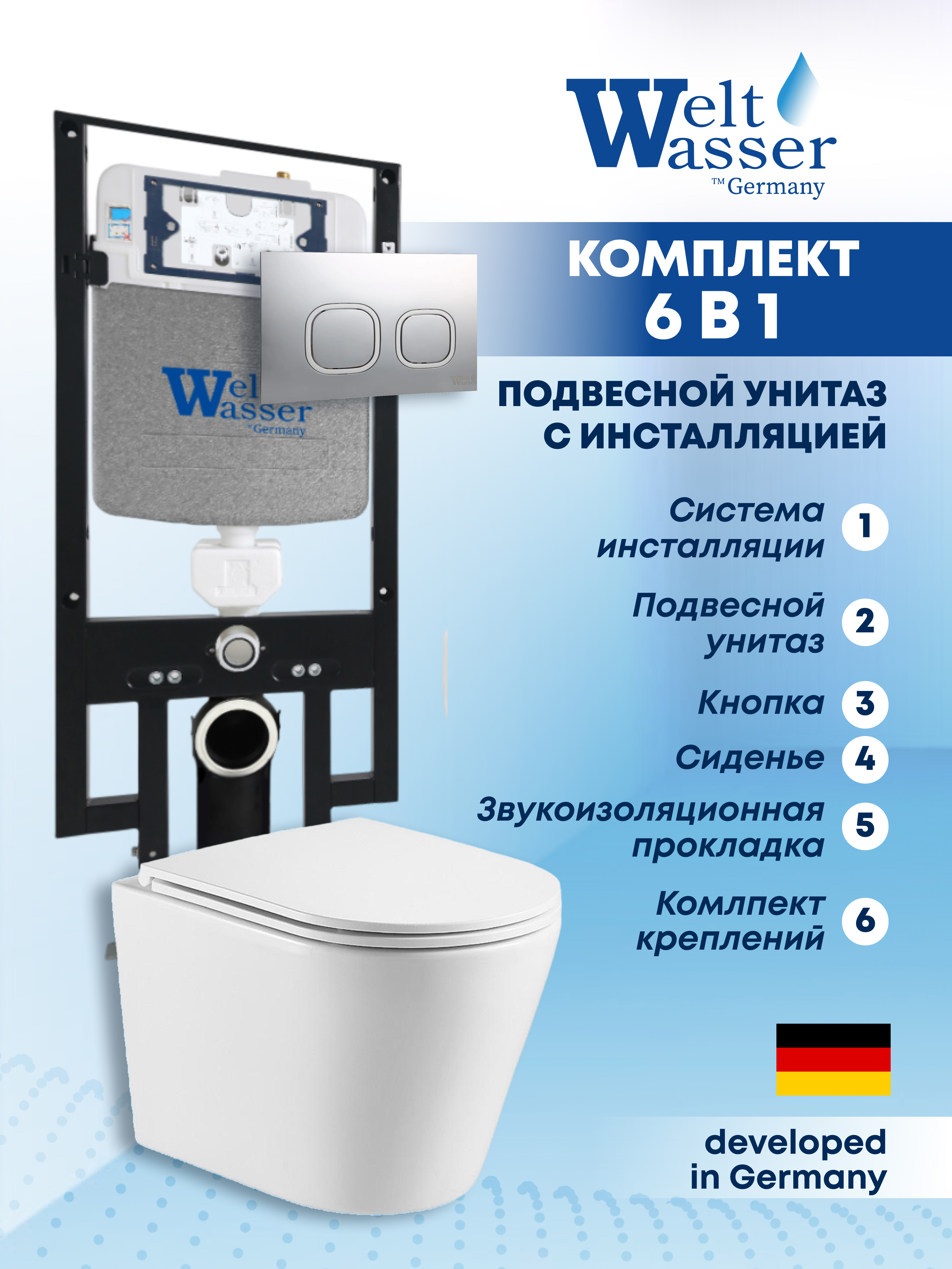 Изображение товара Подвесной унитаз Weltwasser AS49726 6 в 1 безободковый белый с инсталляцией и кнопкой