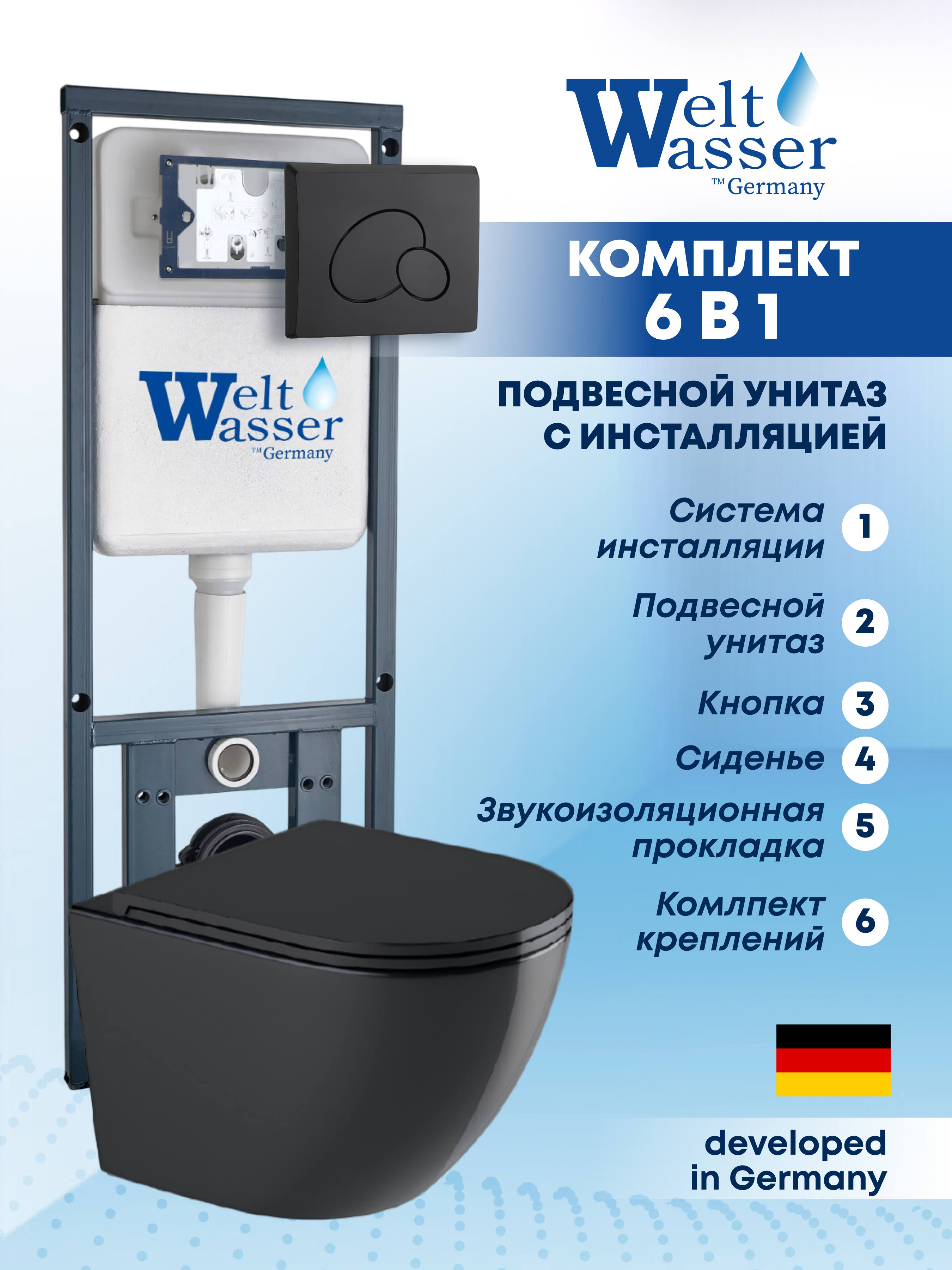 Изображение товара Комплект Weltwasser MM41063 6 в 1 подвесной унитаз черный матовый инсталляция