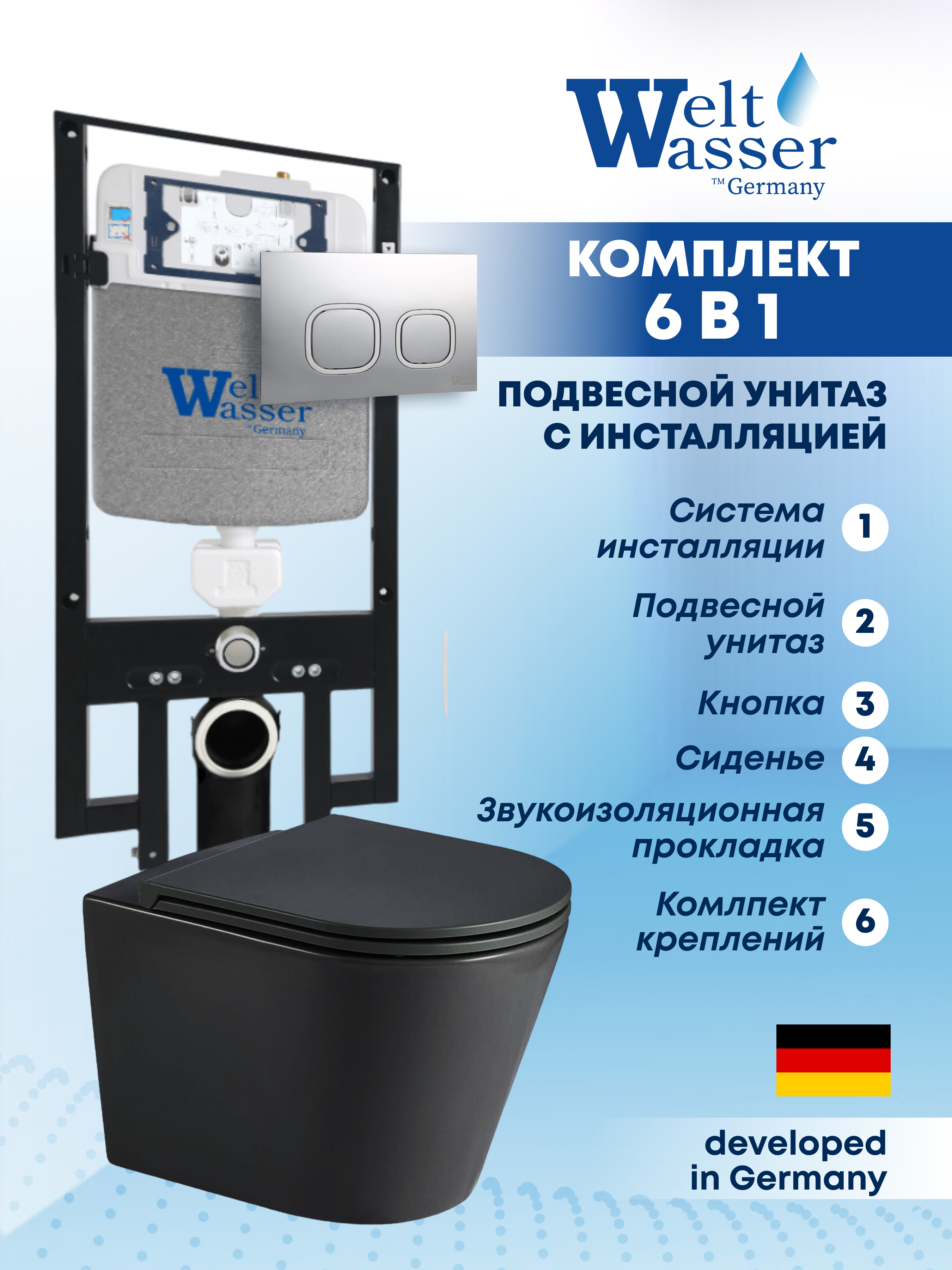 Изображение товара Комплект инсталляции с унитазом Weltwasser AS49730 черный матовый Германия