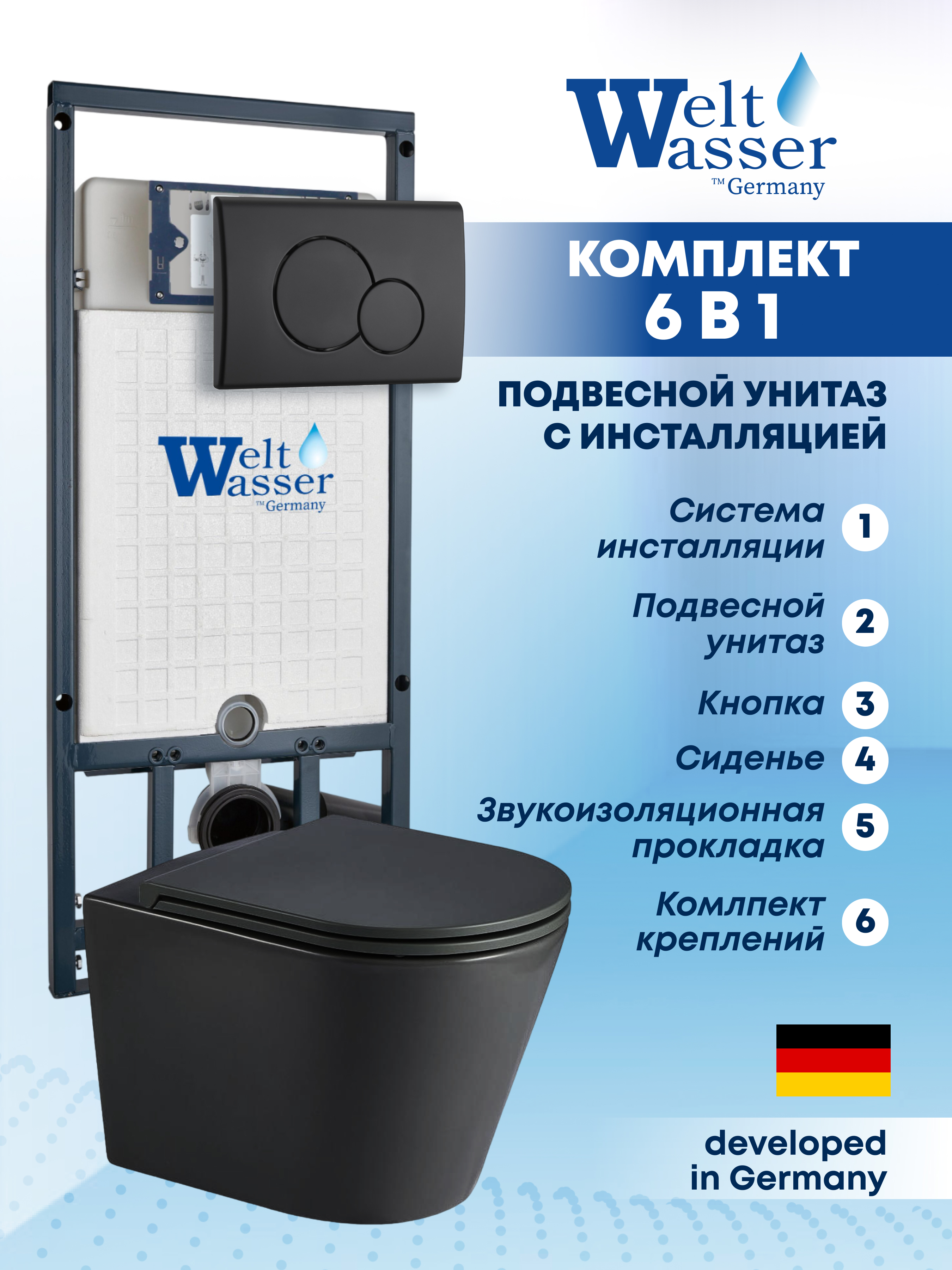 Изображение товара Комплект инсталляции для унитаза Weltwasser MS50745 черный безободковый