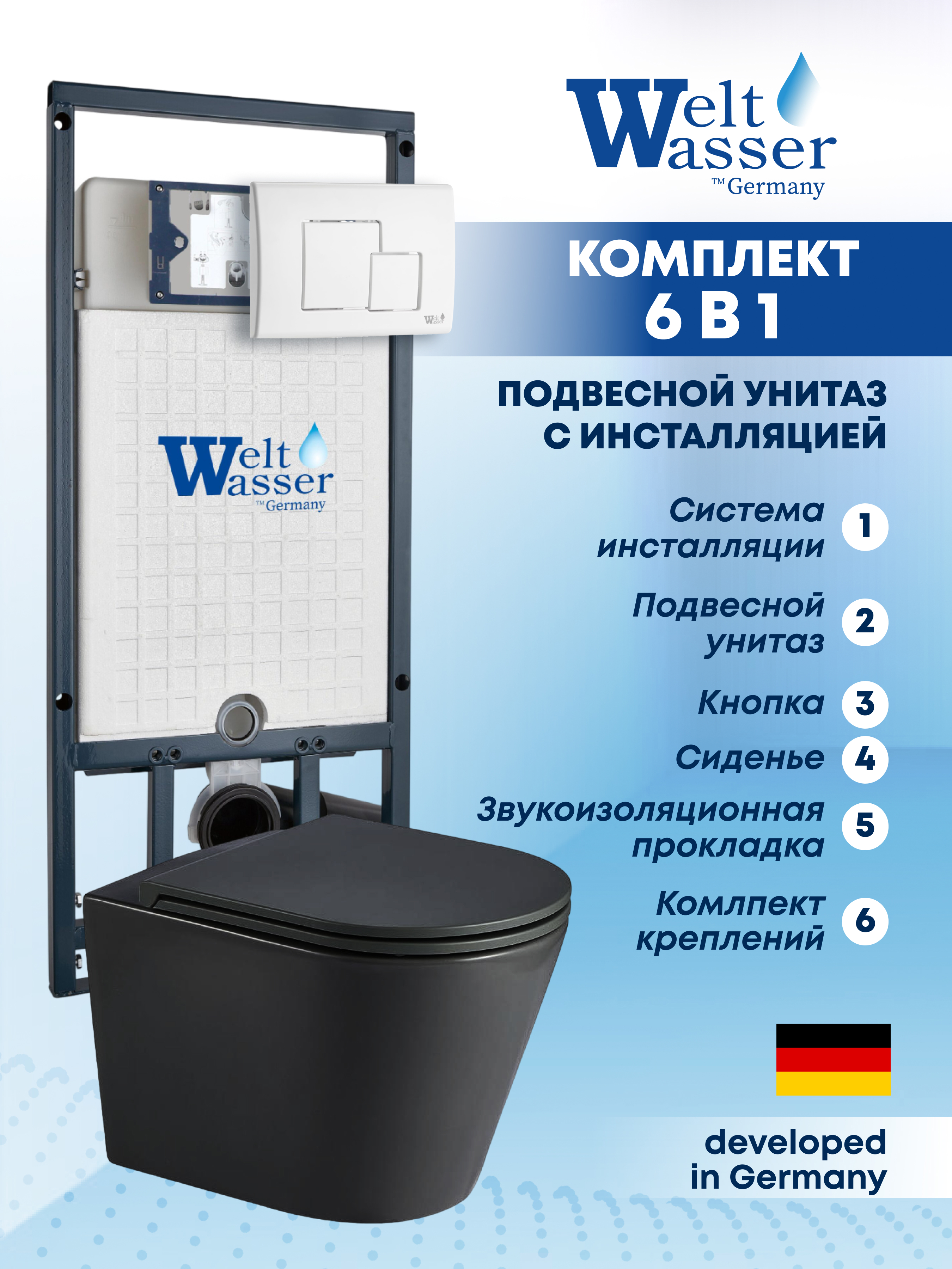 Изображение товара Подвесной унитаз Weltwasser MS50747 черный матовый с инсталляцией