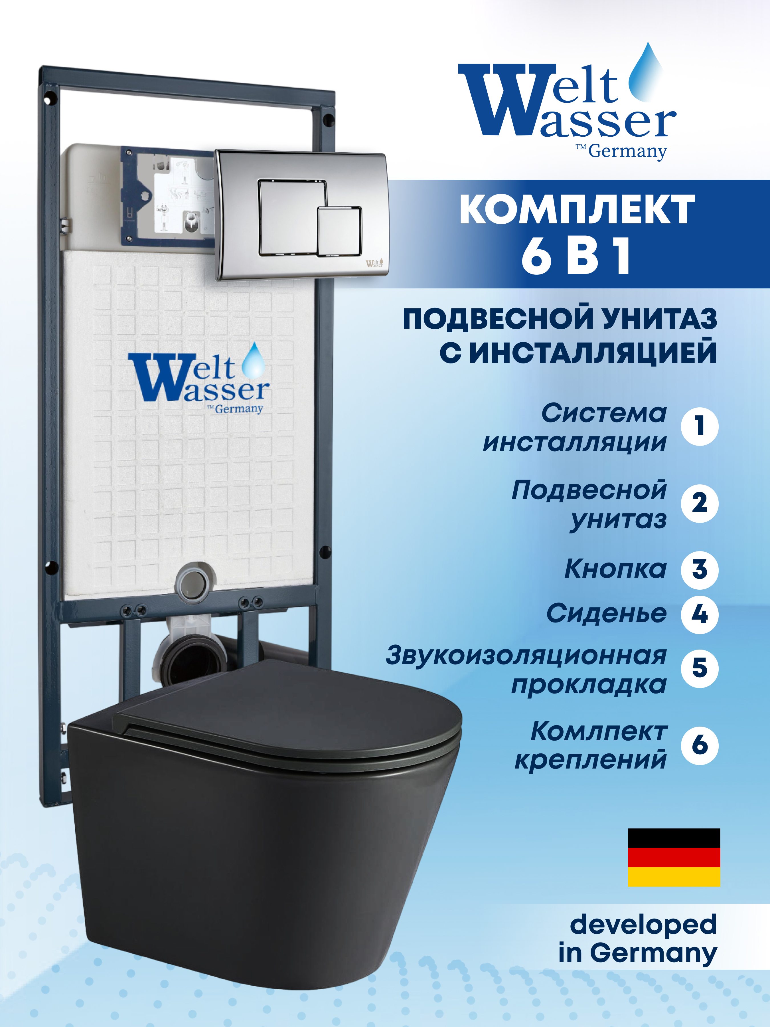 Изображение товара Комплект инсталляции с унитазом Weltwasser MS50746 черный подвесной безободковый