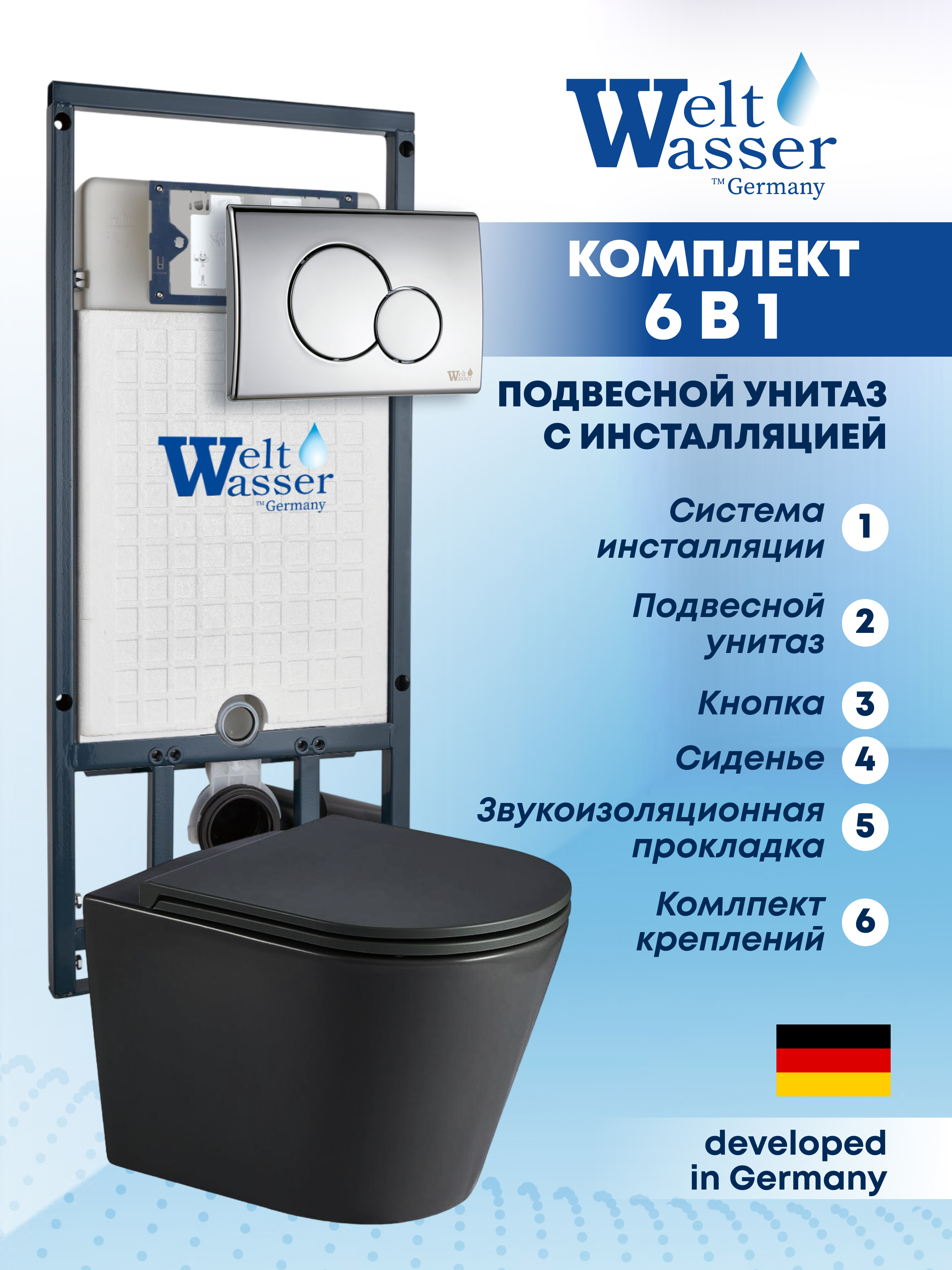 Изображение товара Комплект инсталляции с унитазом Weltwasser MS50743 черный матовый для подвесных систем
