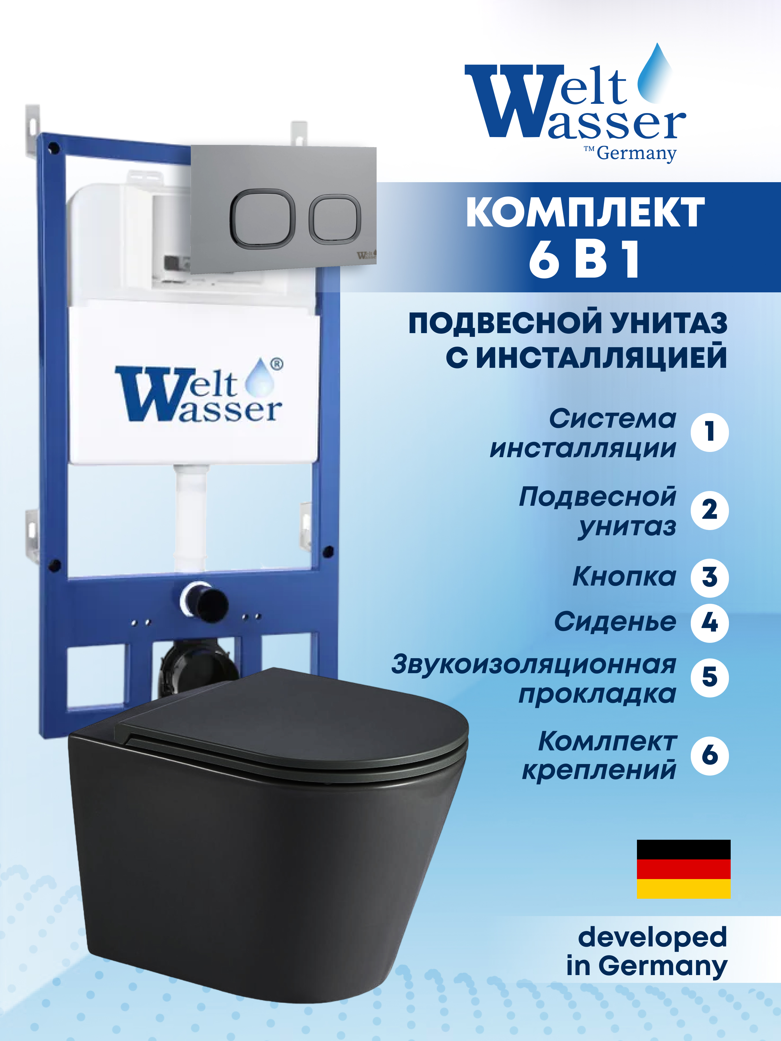 Изображение товара Комплект инсталляции с унитазом Weltwasser BS5455 черный матовый для подвесных систем