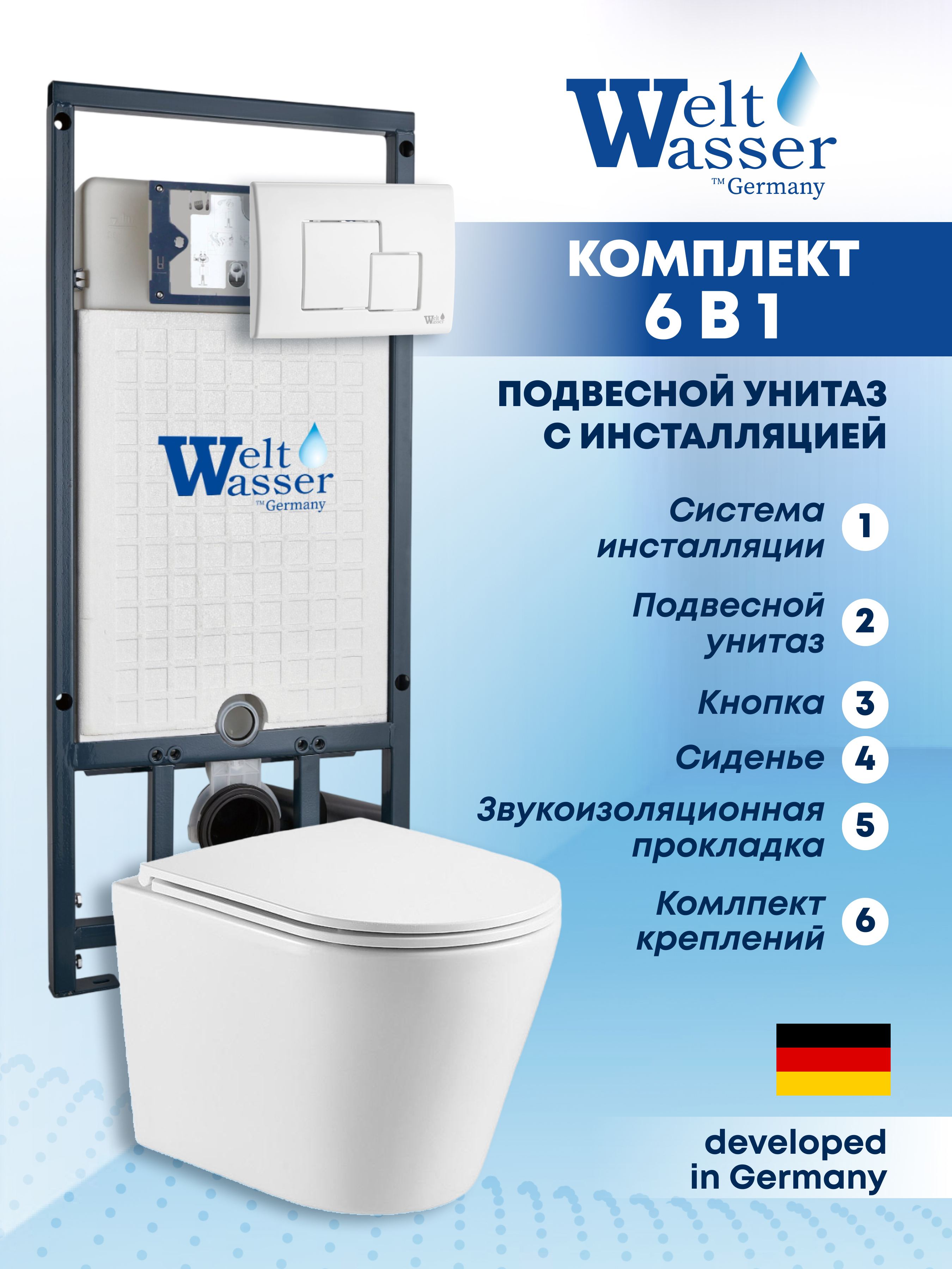 Изображение товара Комплект инсталляции с унитазом Weltwasser MS50741 белый современный дизайн