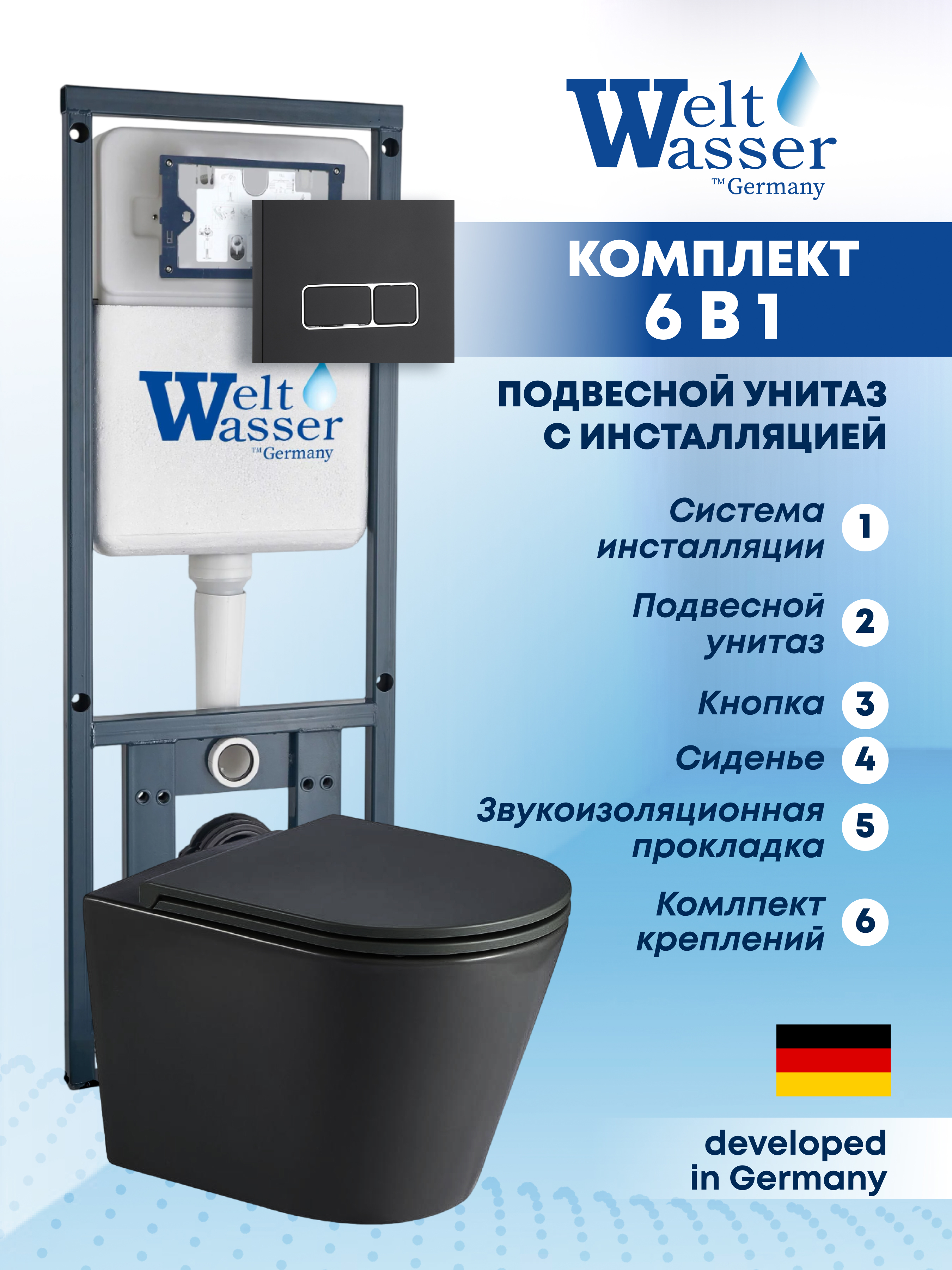 Изображение товара Комплект инсталляции с унитазом Weltwasser MS41048 черный матовый для современного санузла