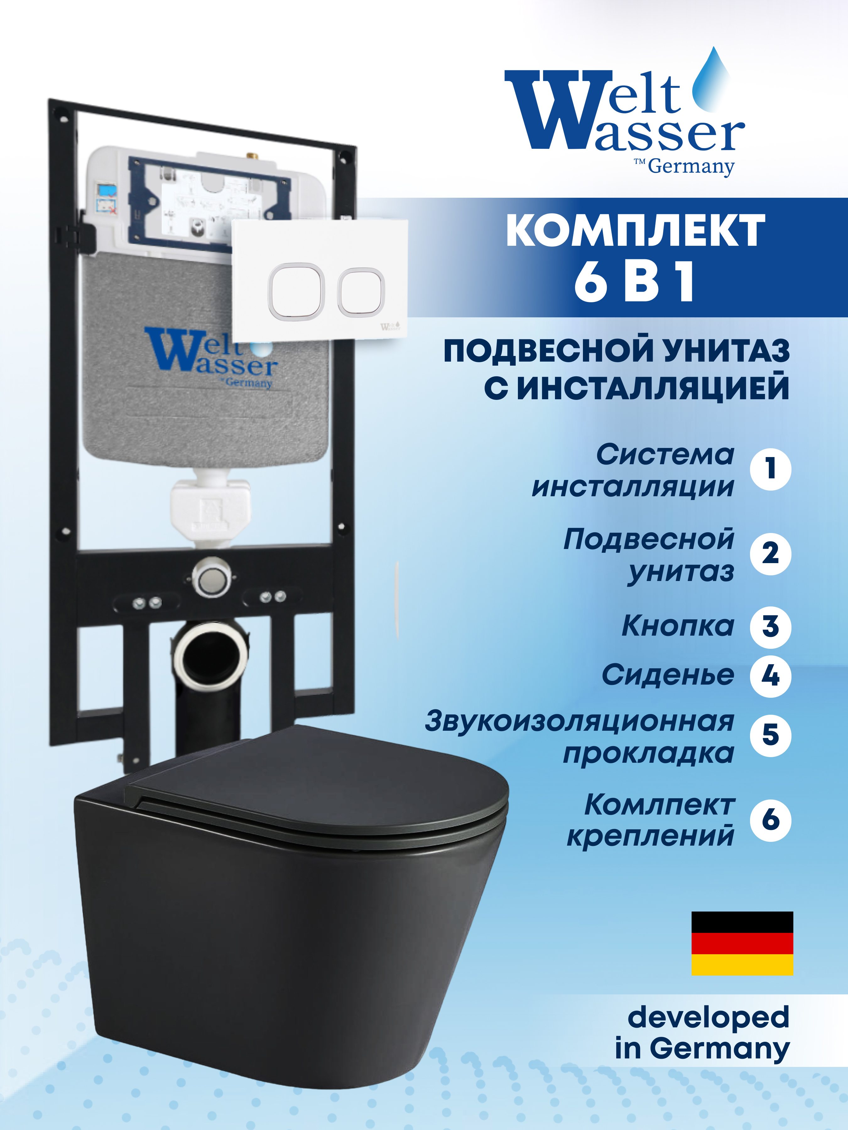 Изображение товара Подвесной унитаз Weltwasser AS49732 с инсталляцией черный матовый