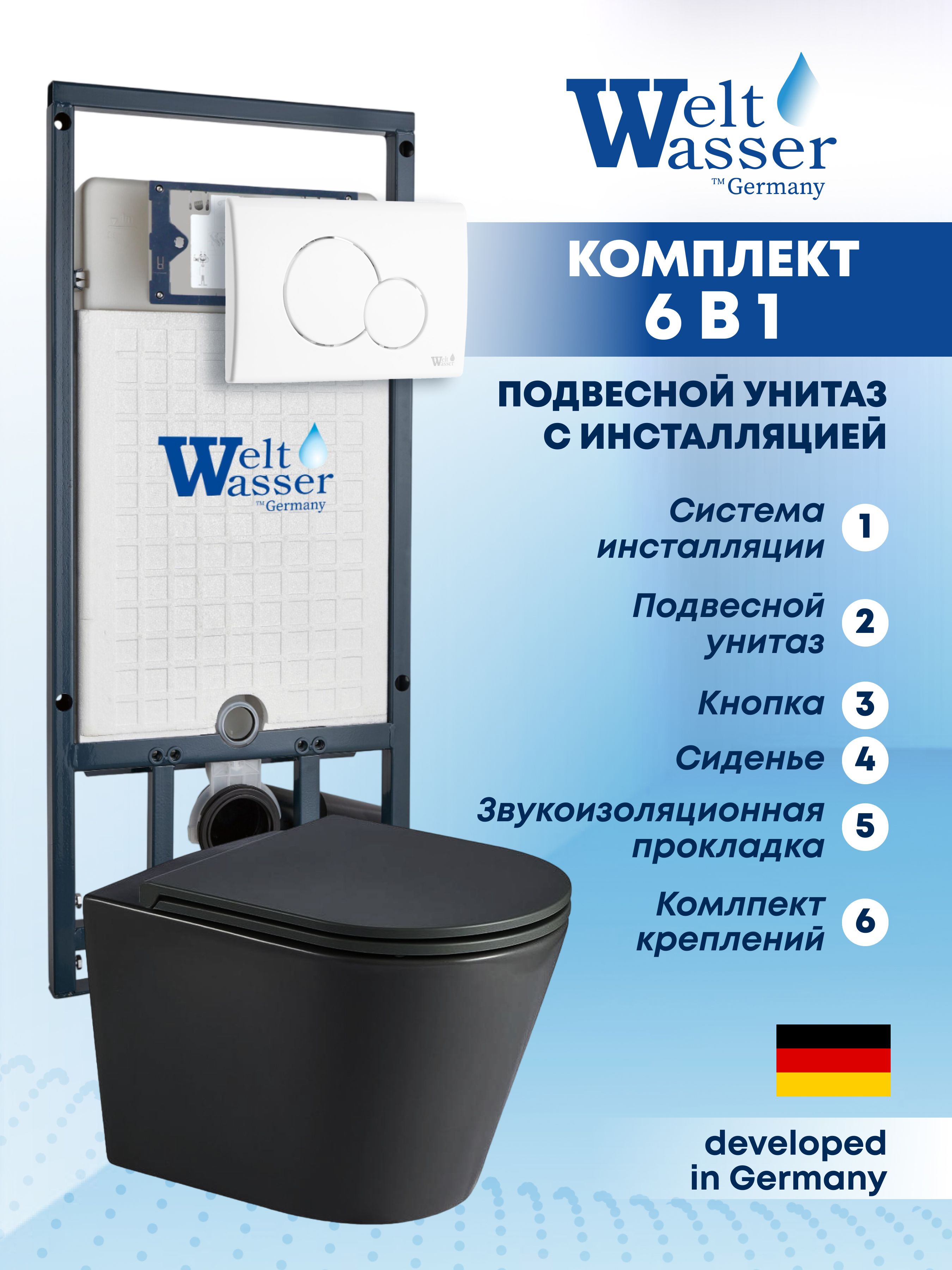 Изображение товара Комплект инсталляции с унитазом Weltwasser MS50744 черный матовый