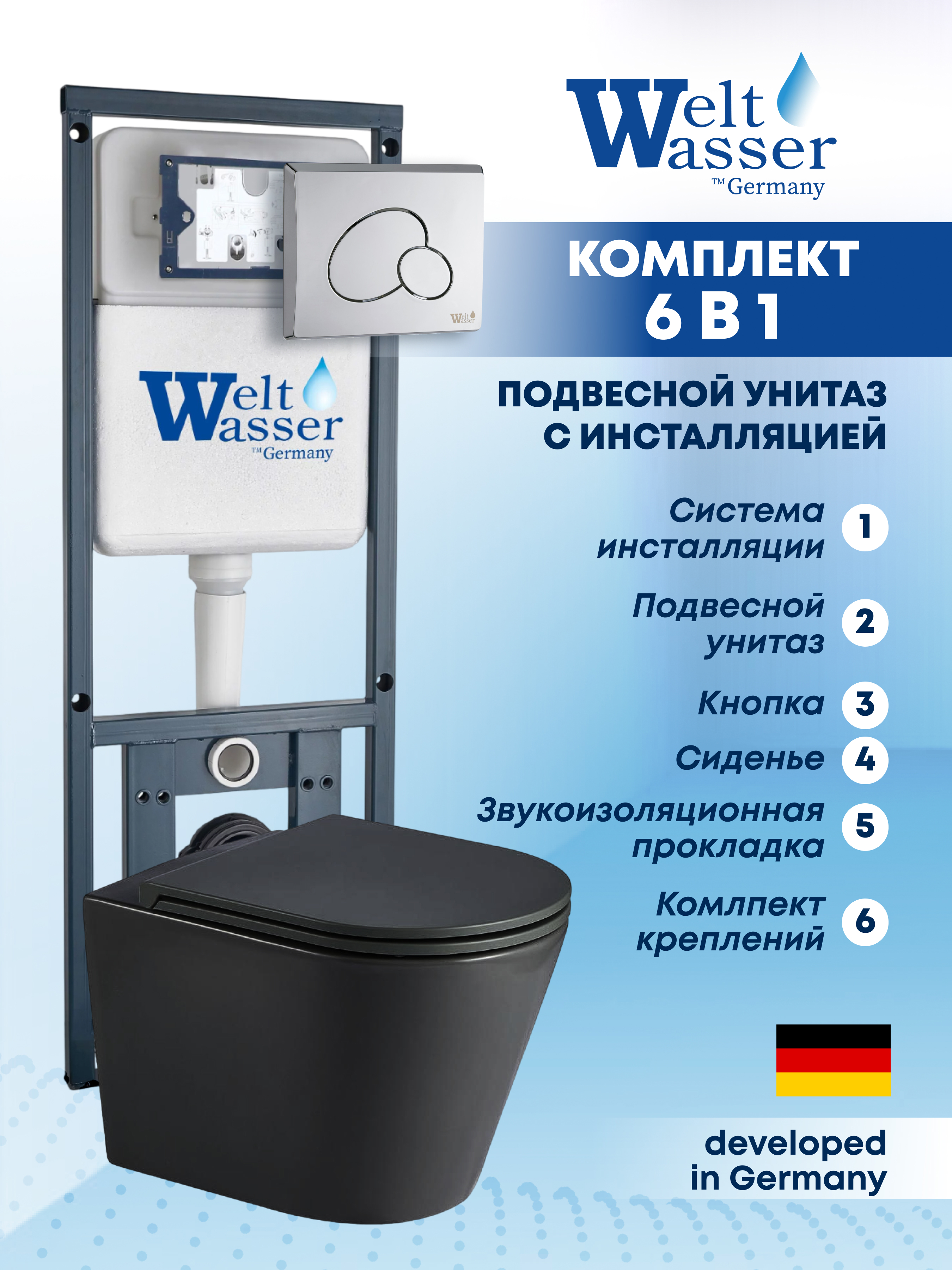 Изображение товара Комплект инсталляции с унитазом Weltwasser MS41043 черный матовый для подвесных систем