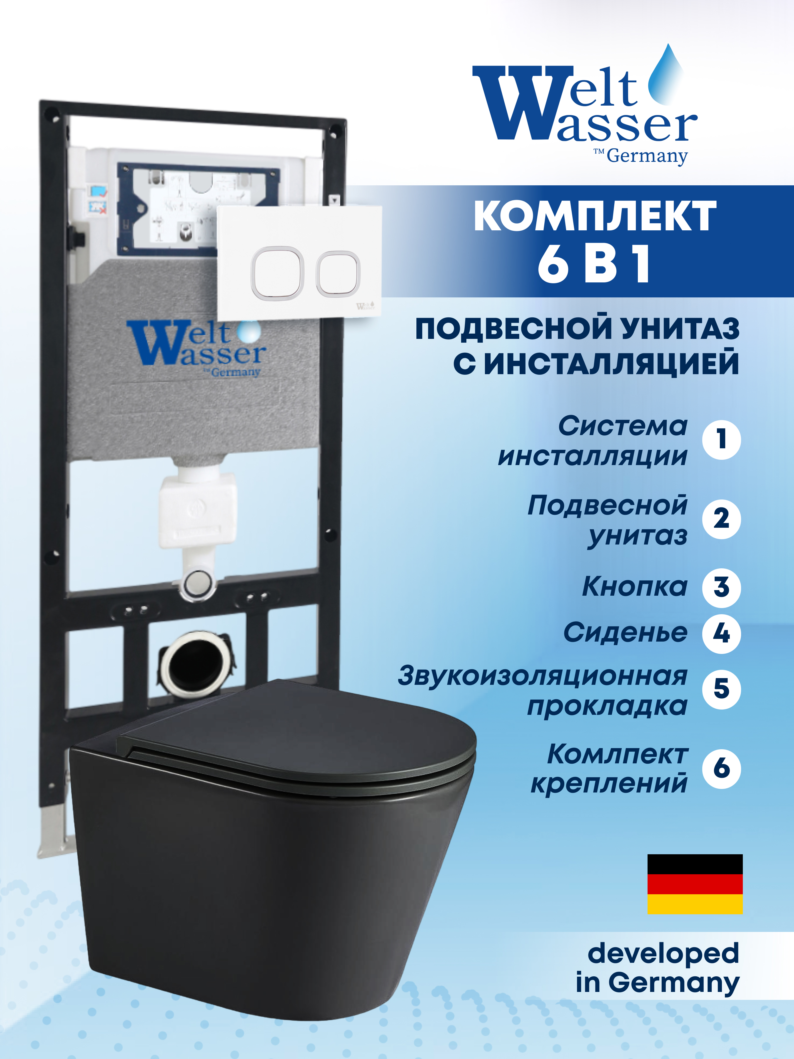 Изображение товара Комплект инсталляции с унитазом Weltwasser AS50632 черный безободковый Rimless