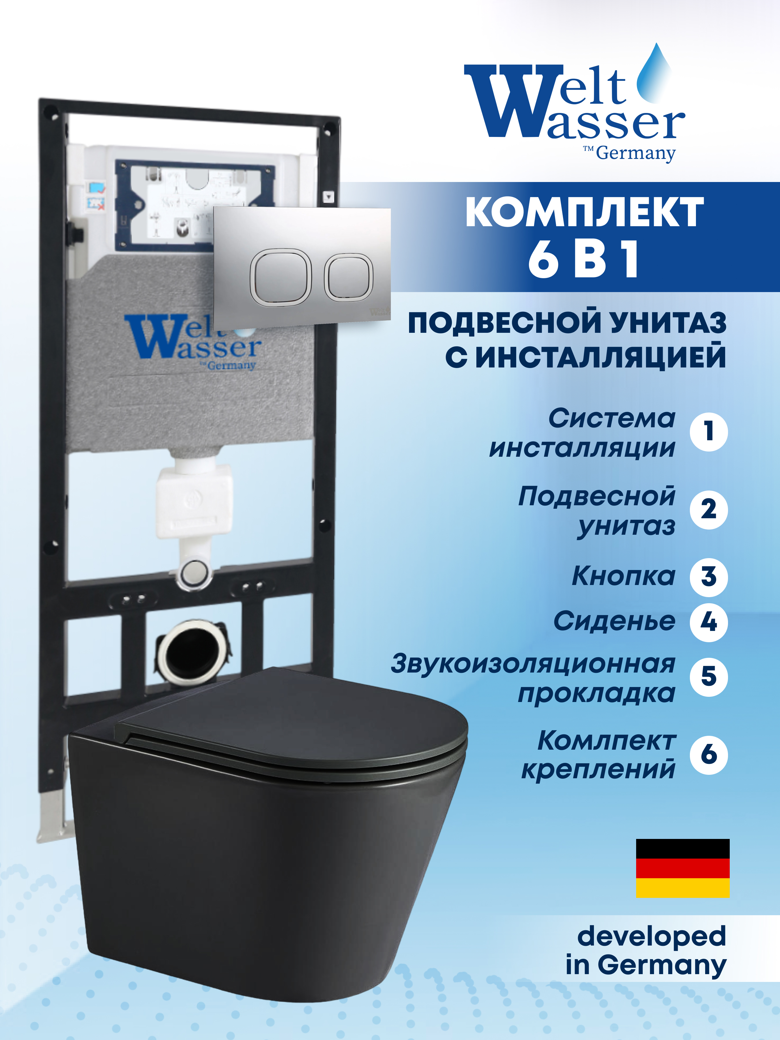 Изображение товара Комплект инсталляции с унитазом Weltwasser AS50630 черный стильный и тихий монтаж