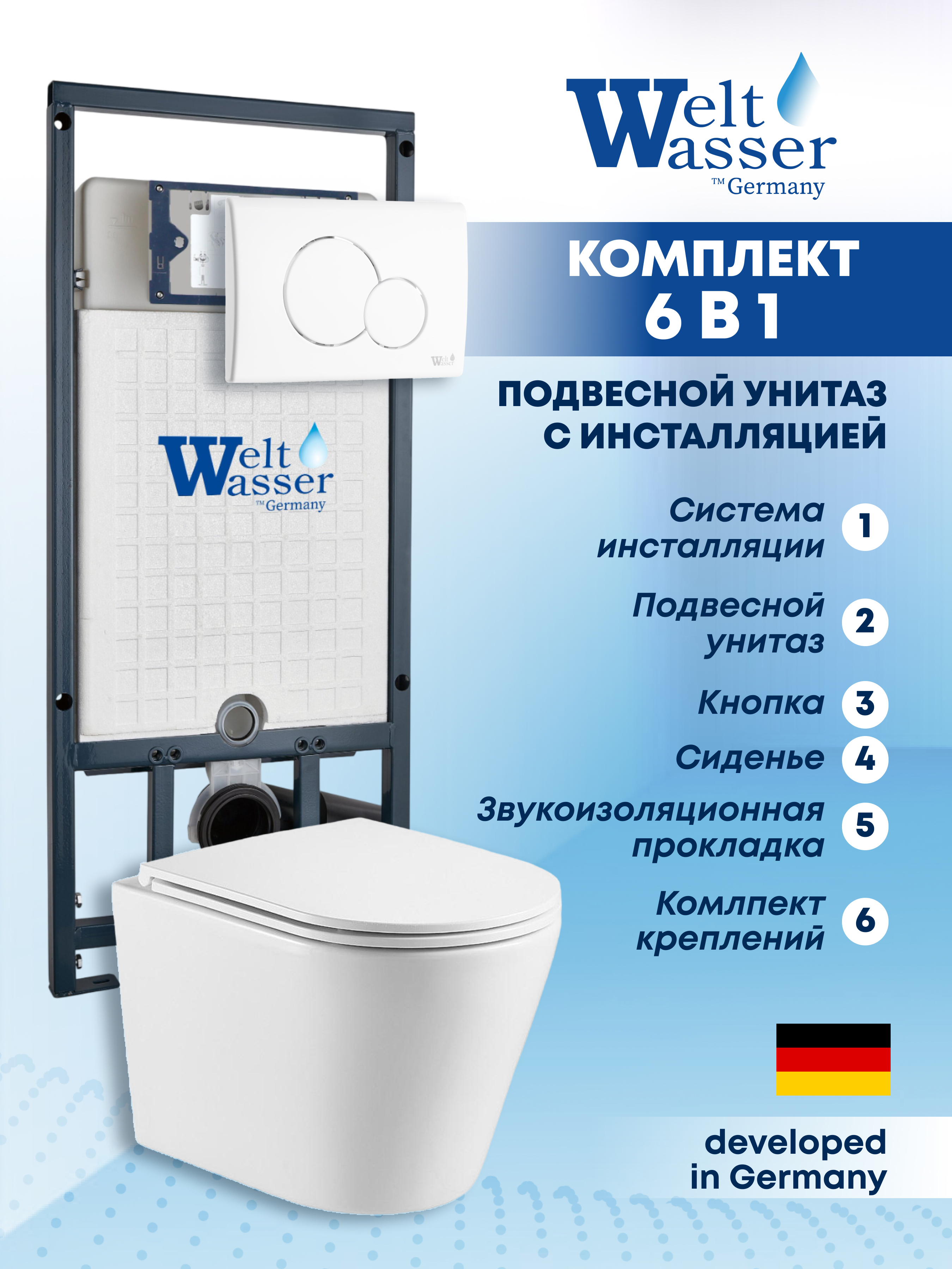 Изображение товара Комплект инсталляции с унитазом Weltwasser MS50738 белый безободковый Rimless