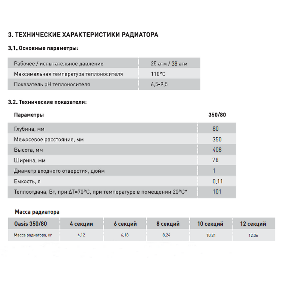 Изображение товара Радиатор Oasis 350/80 4 секций боковое подключение биметалл белый