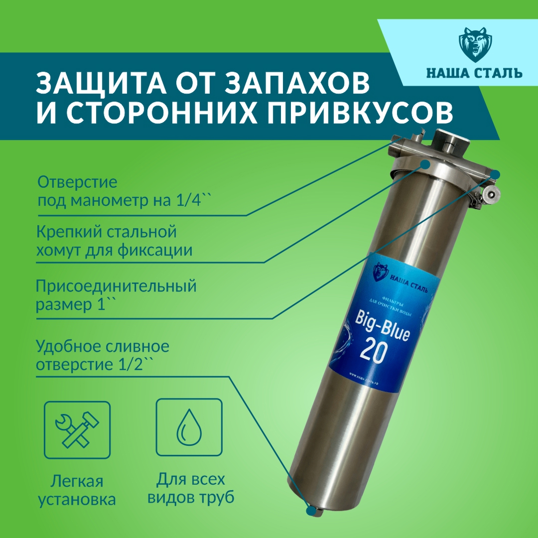 Изображение товара Фильтр магистральный угольный Наша сталь BB20 из нержавеющей стали