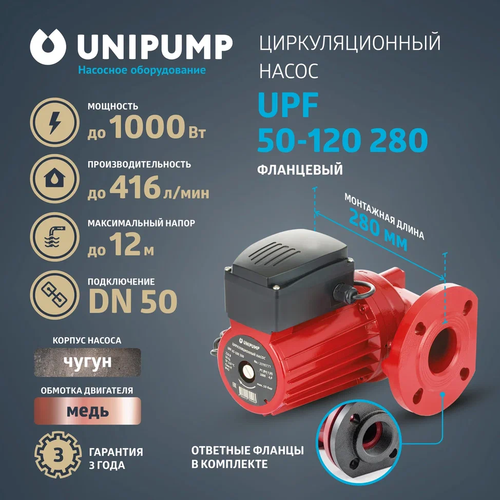 Изображение товара Циркуляционный насос Unipump 67031 50/12 280 чугун фланцы в комплекте