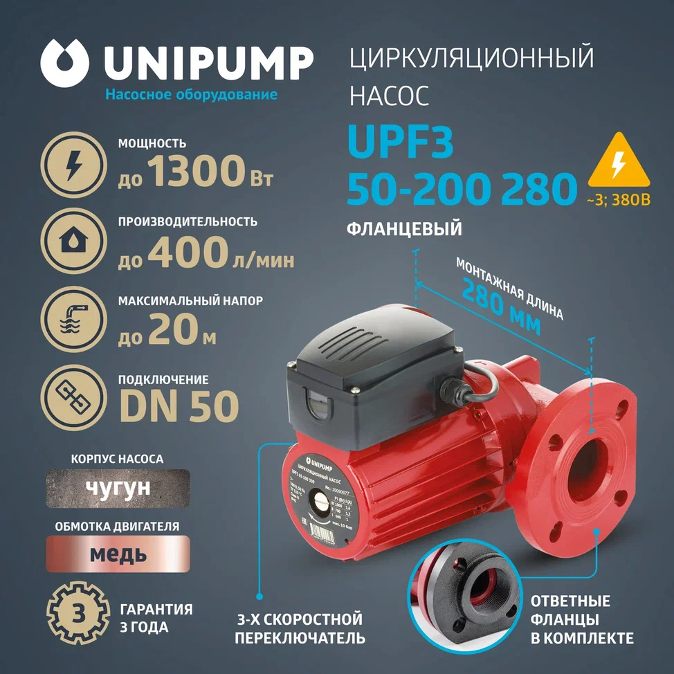 Изображение товара Циркуляционный насос UNIPUMP UPF3 50-200 с фланцами в комплекте для систем отопления