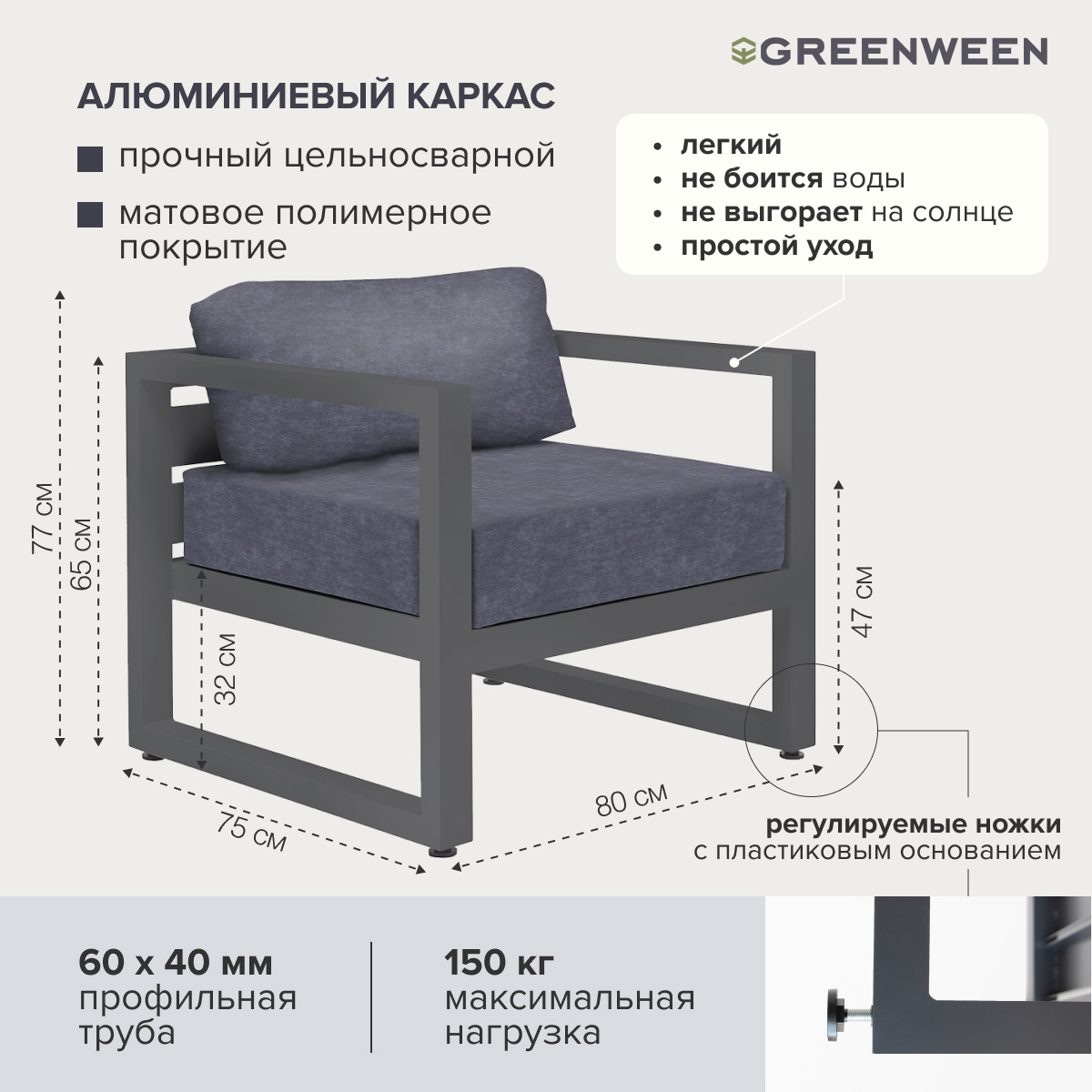 Изображение товара Садовое кресло с подушками GREENWEEN CAPRI 80x75x77 см алюминий и ткань серый