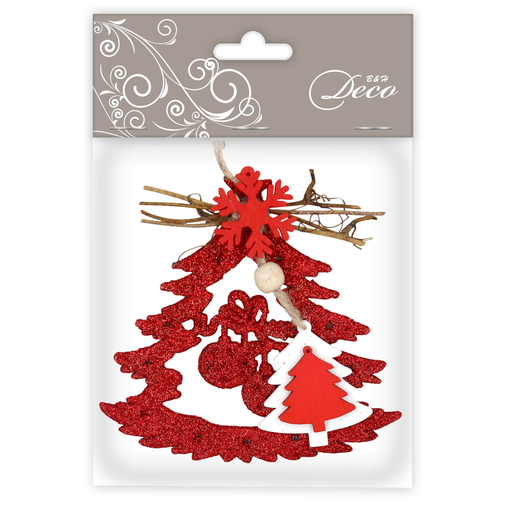 Изображение товара Подвеска Елочка с декором и ветками BH1860, новогоднее украшение 12 см