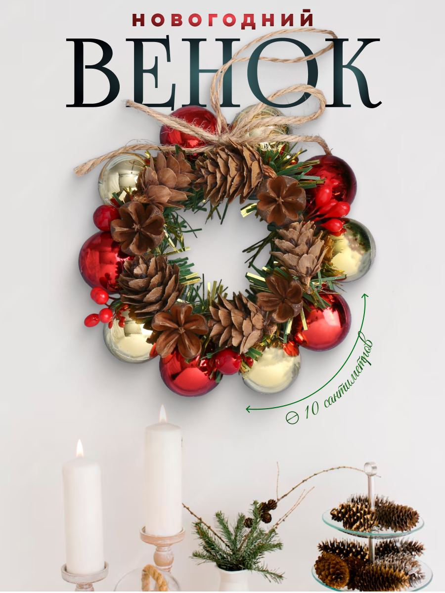 Изображение товара Рождественский венок Зимнее волшебство 10 см с шишками и шариками