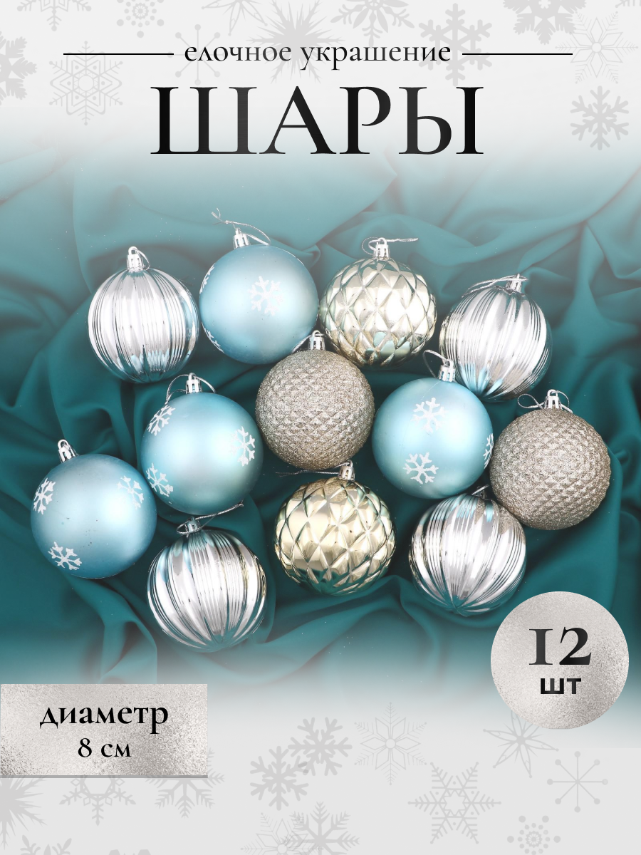 Изображение товара Набор елочных шаров Зимнее волшебство 4962768 ФБО Лима 8 см пластик синий 12 шт