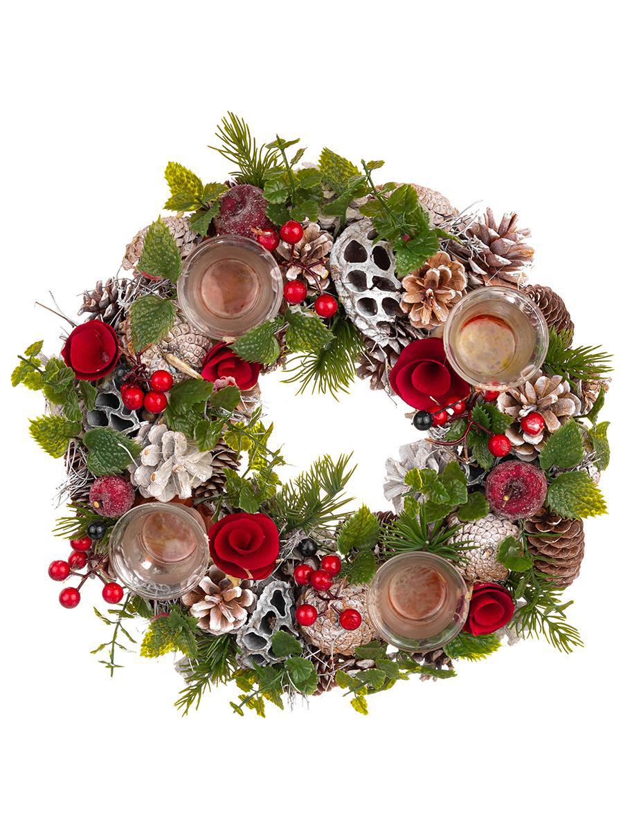 Изображение товара Новогодний венок-подсвечник из полипропилена длина 37 см зеленого цвета