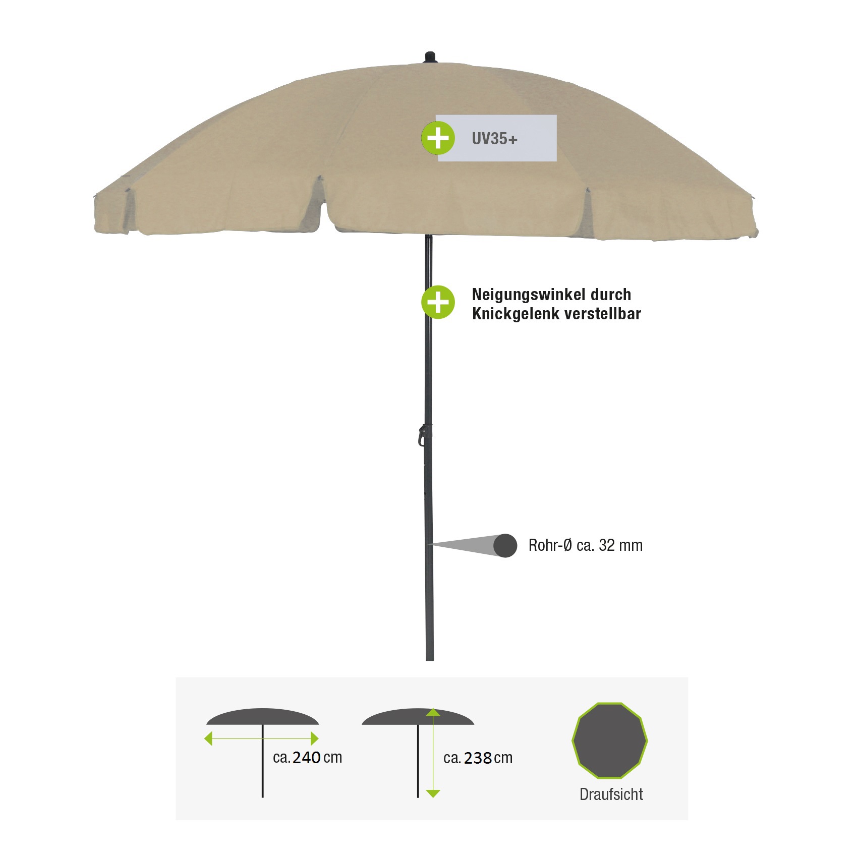 Изображение товара Садовый зонт GREEMOTION Ø 240 см с защитой UV35+ бежевый