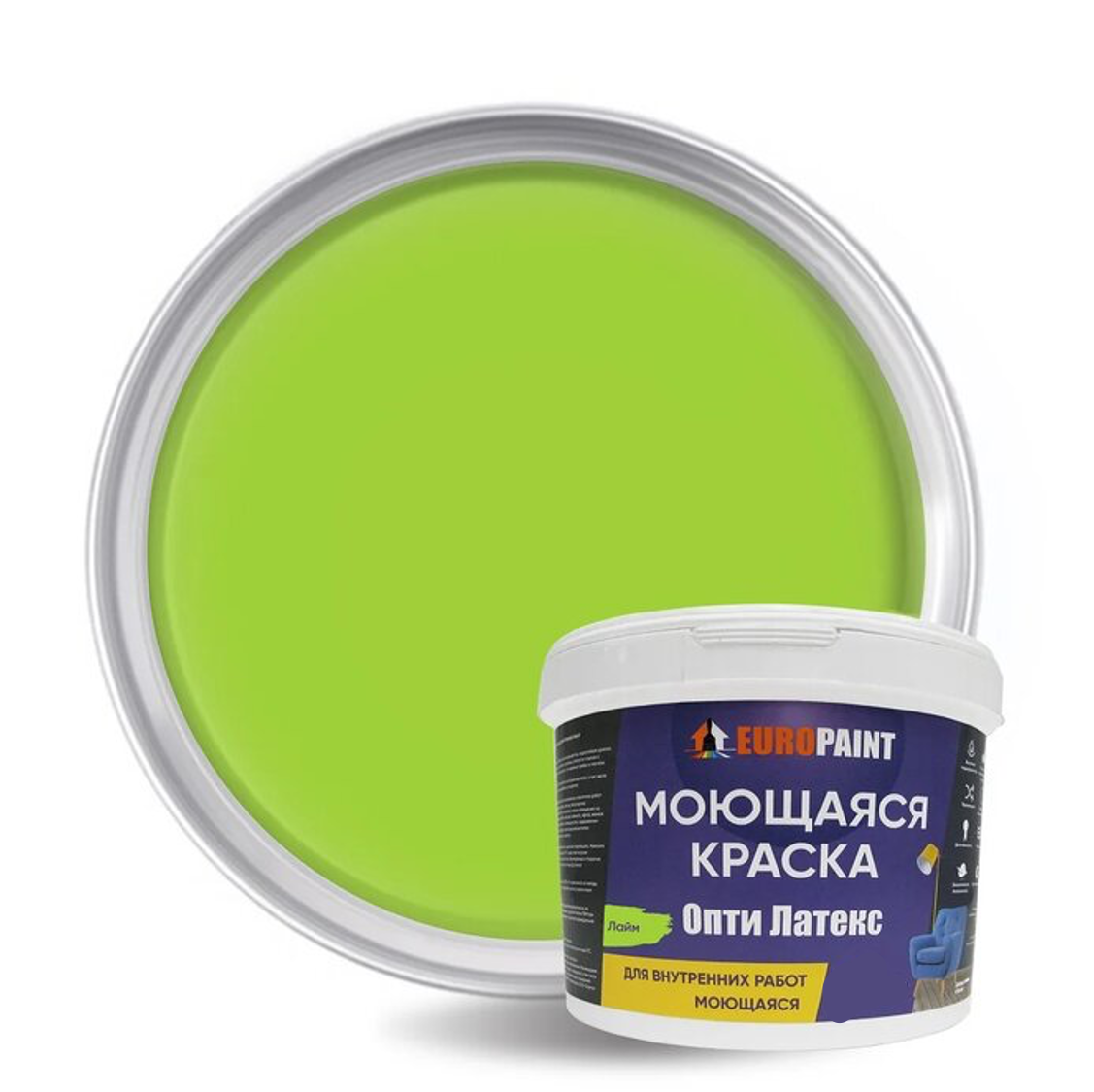 Изображение товара Краска EUROPAINT Опти Латекс лайм 1 л - влагостойкая моющаяся для внутренних помещений
