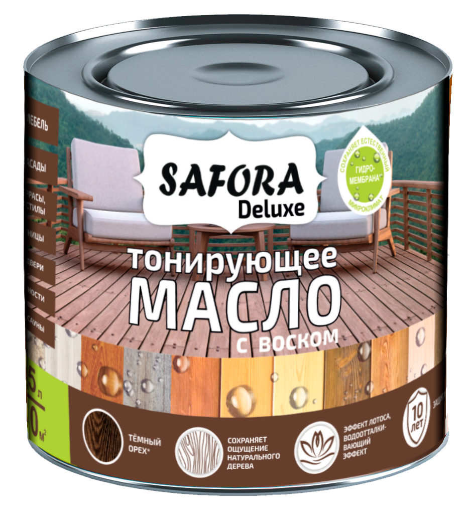 Изображение товара Масло для дерева тонирующее Safora с воском цвет темный орех 0.5 л