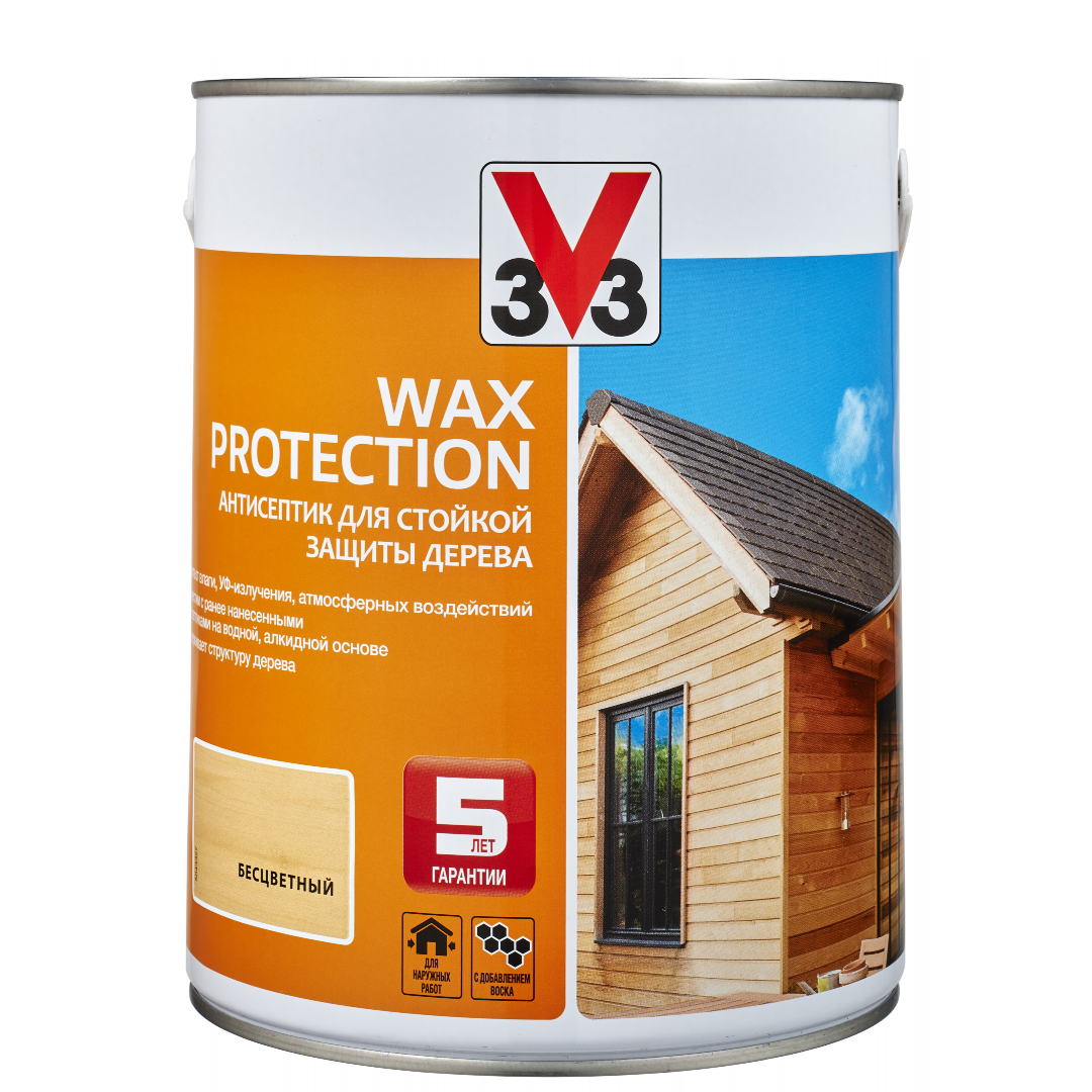 Изображение товара Антисептик алкидный для дерева V33 WAX PROTECTION с добавлением воска полуглянец бесцветный 2.5 л