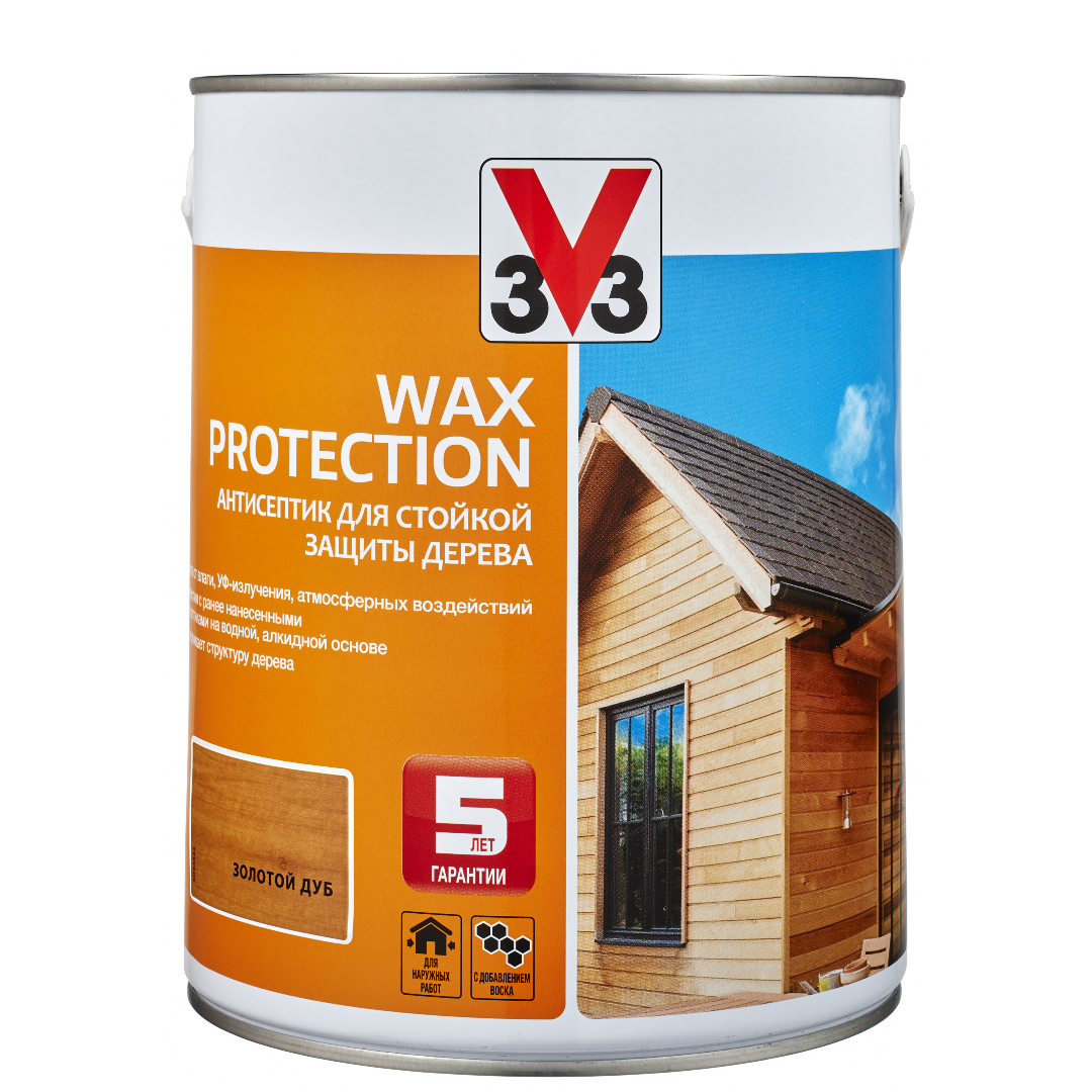 Изображение товара Антисептик алкидный для дерева V33 WAX PROTECTION с добавлением воска полуглянец золотой дуб 0.9 л Изображение товара Антисептик алкидный для дерева V33 WAX PROTECTION с добавлением воска полуглянец золотой дуб 0.9 л