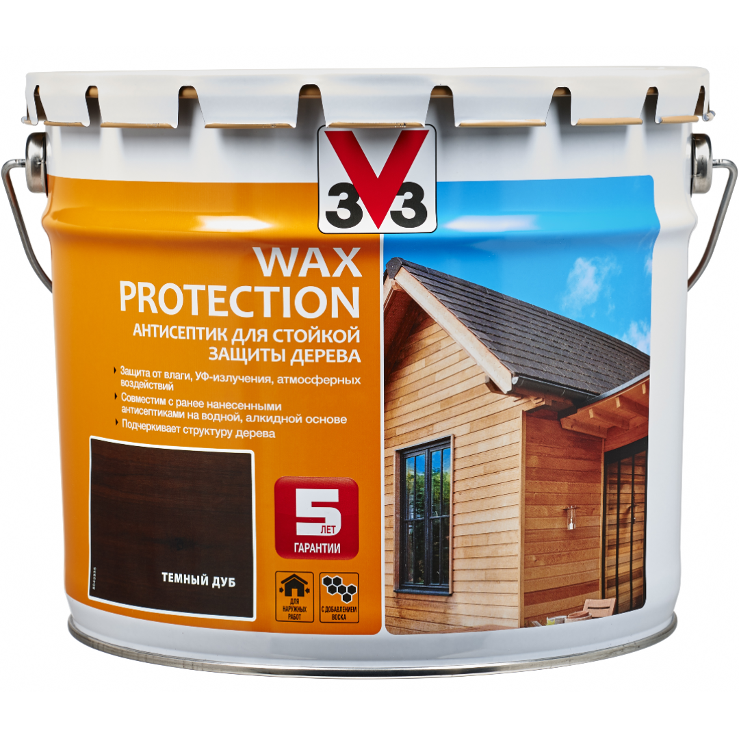 Изображение товара Антисептик алкидный для дерева V33 WAX PROTECTION с добавлением воска полуглянец темный дуб 9 л