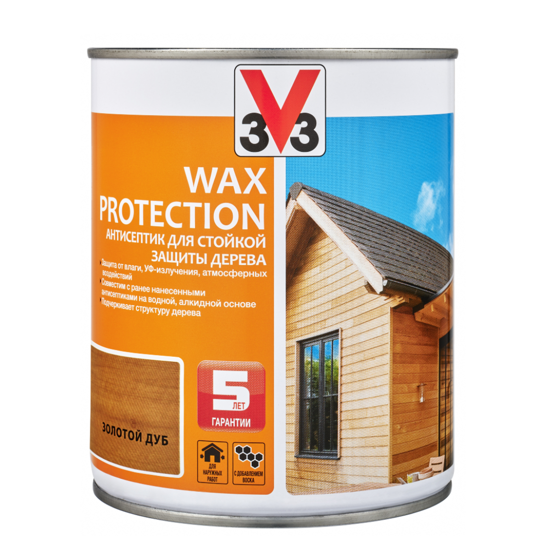 Изображение товара Антисептик алкидный для дерева V33 WAX PROTECTION с добавлением воска полуглянец золотой дуб 2.5 л