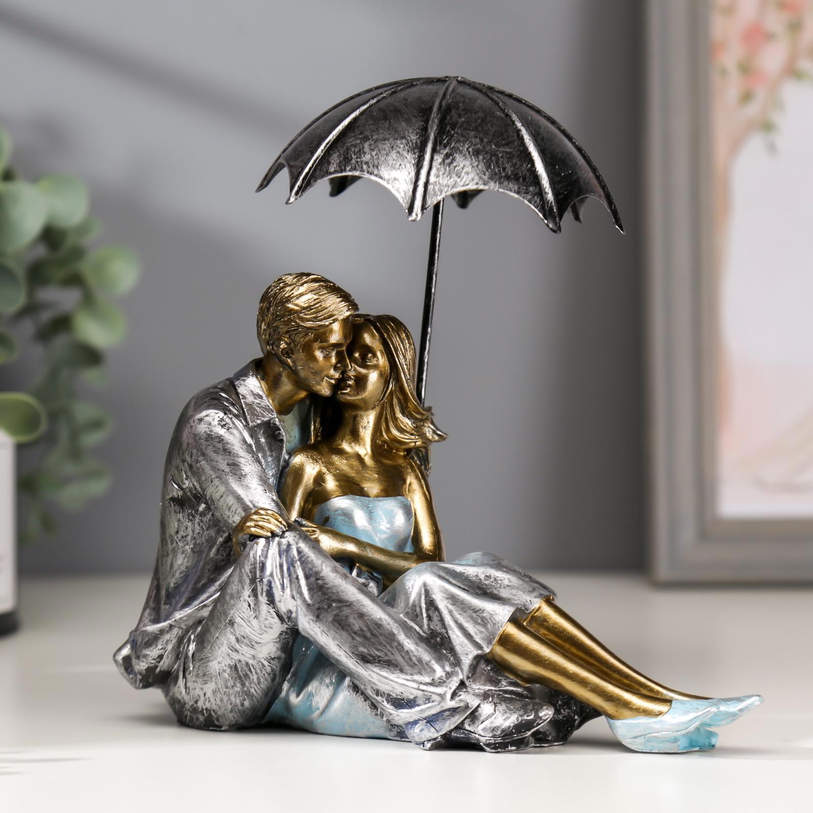 Изображение товара Синяя фигура 'Влюблённая пара под зонтом' - нежность, 18×18×10 см