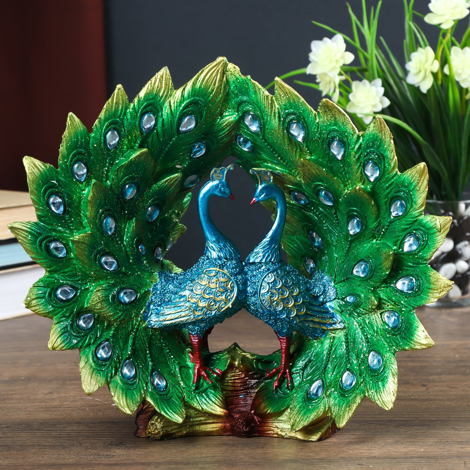 Изображение товара Фигурка сувенирная Simaland "Два зелёных павлина на бревне с открытыми хвостами" стразы 25x15x27 см