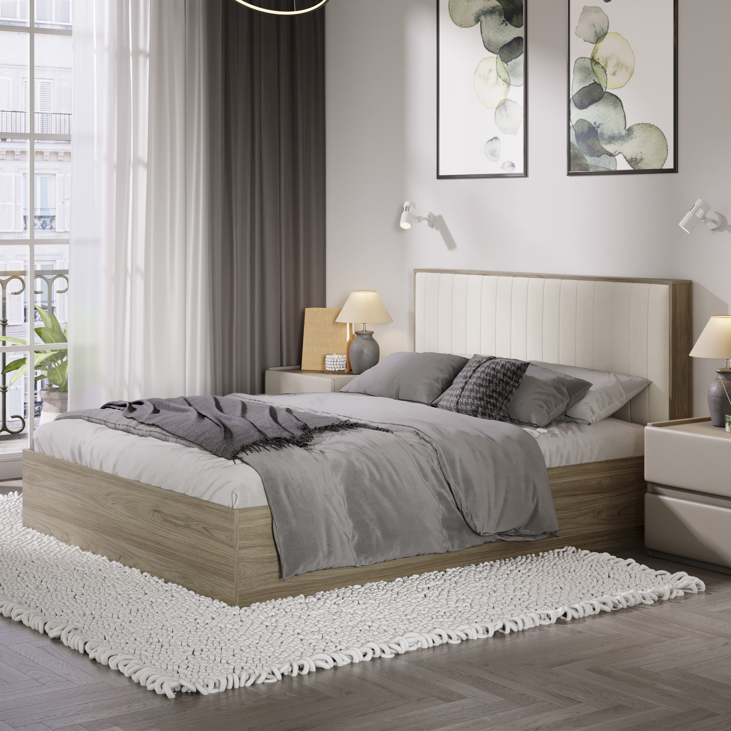 Изображение товара Кровать Трия Сэнди 258839 168x102x214 см ЛДСП цвет вяз благородный/велюр бежевый