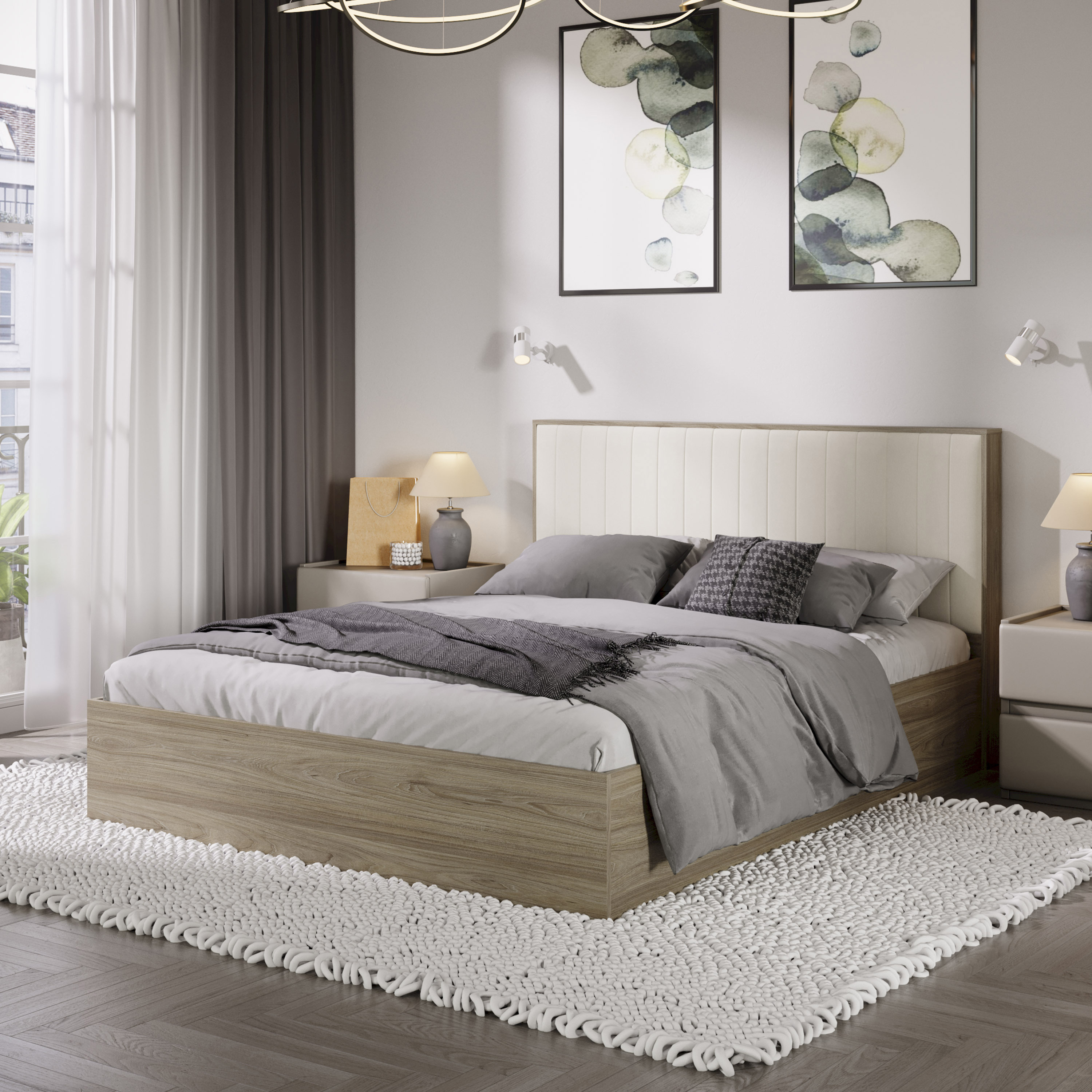 Изображение товара Кровать Трия Сэнди 258841 168x102x214 см ЛДСП цвет вяз благородный/велюр бежевый