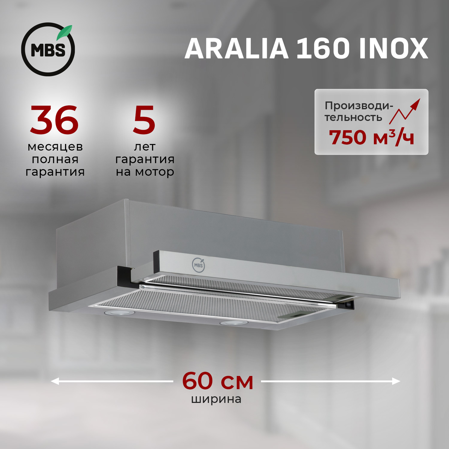 Изображение товара Встраиваемая вытяжка Mbs Aralia 160 inox 60 см для кухни с низким уровнем шума