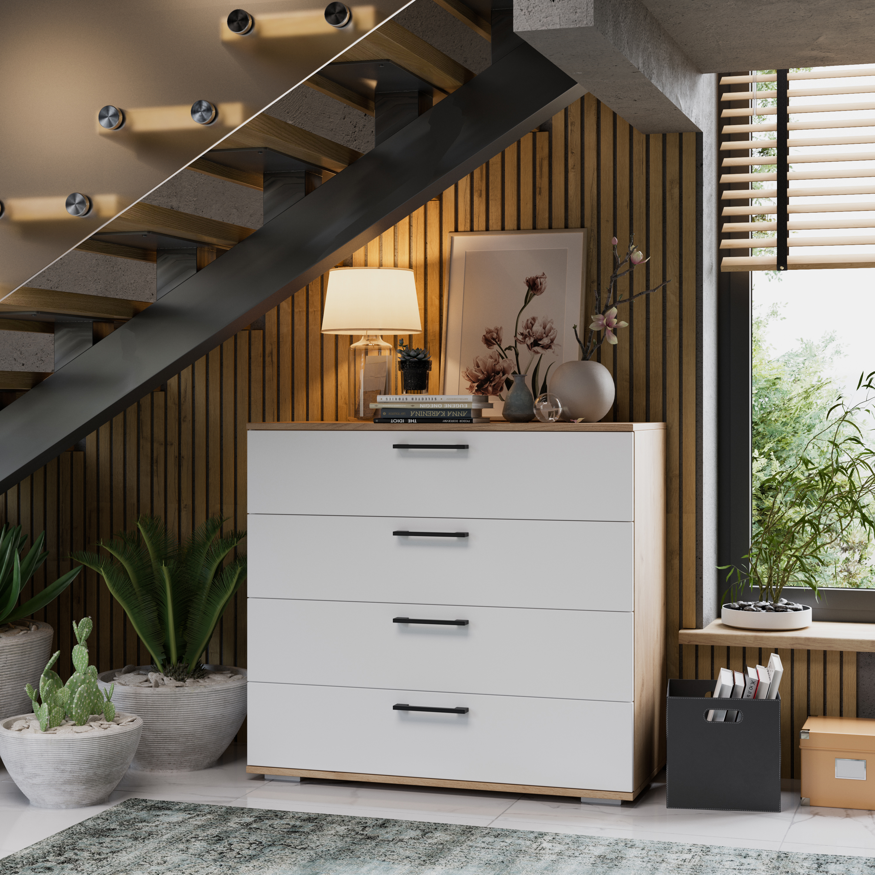 Изображение товара Комод Трия Нео 4 ящика цвет дуб крафт золотой/белый современный стиль